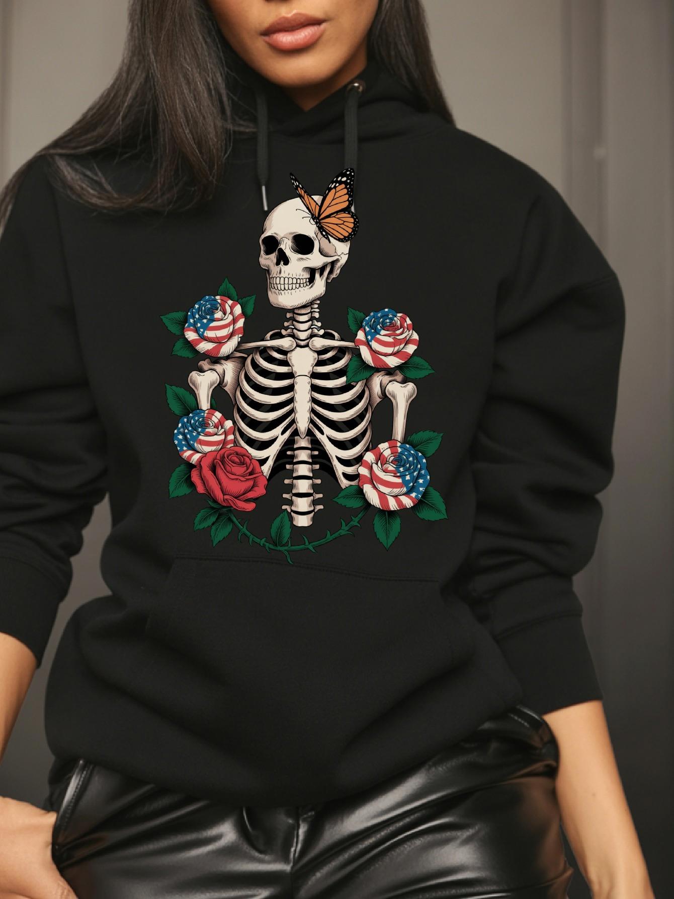 Tailorly Women's Printed Hoodie - Multicolored Roses With Butterflies Surrounding Human Skeleton