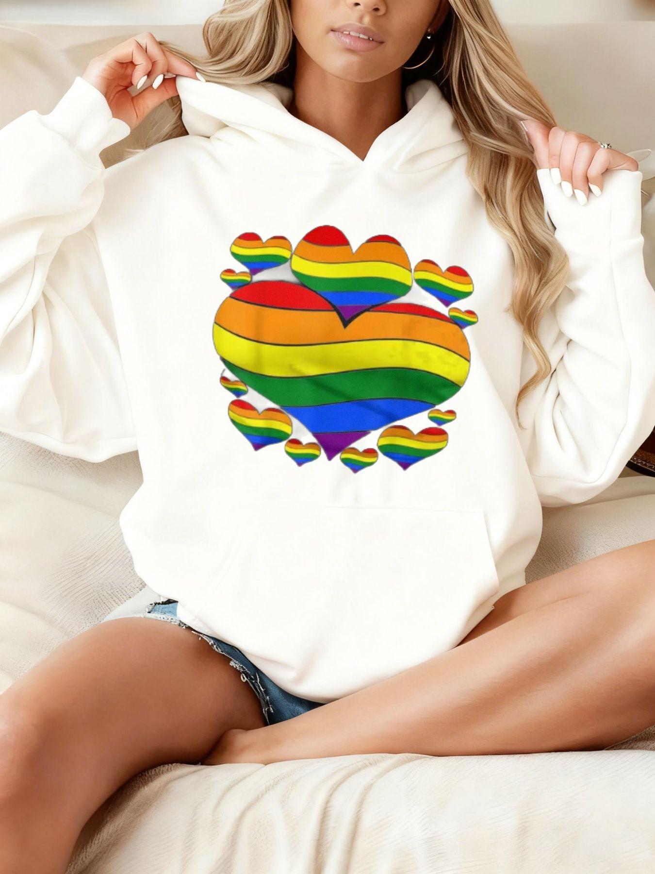 Tailorly Women's Printed Hoodie - Vivid Rainbow Colored Stripes Forming Layered Hearts Clustered Together Heart