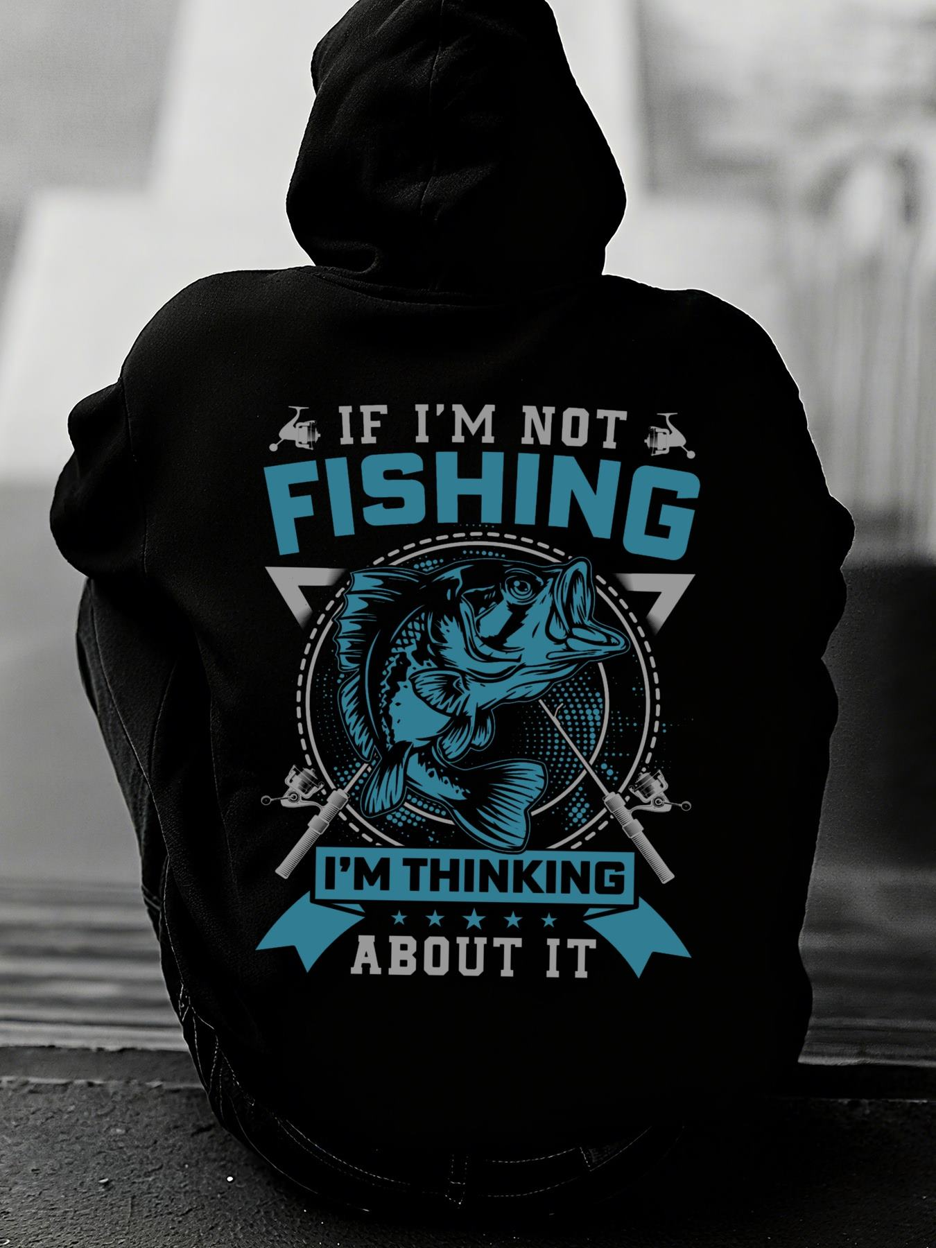 Tailorly Men's Printed Hoodie - If Im Not Fishing Im Thinking About It With Decorative Blue Lines Leaping Bass Fish