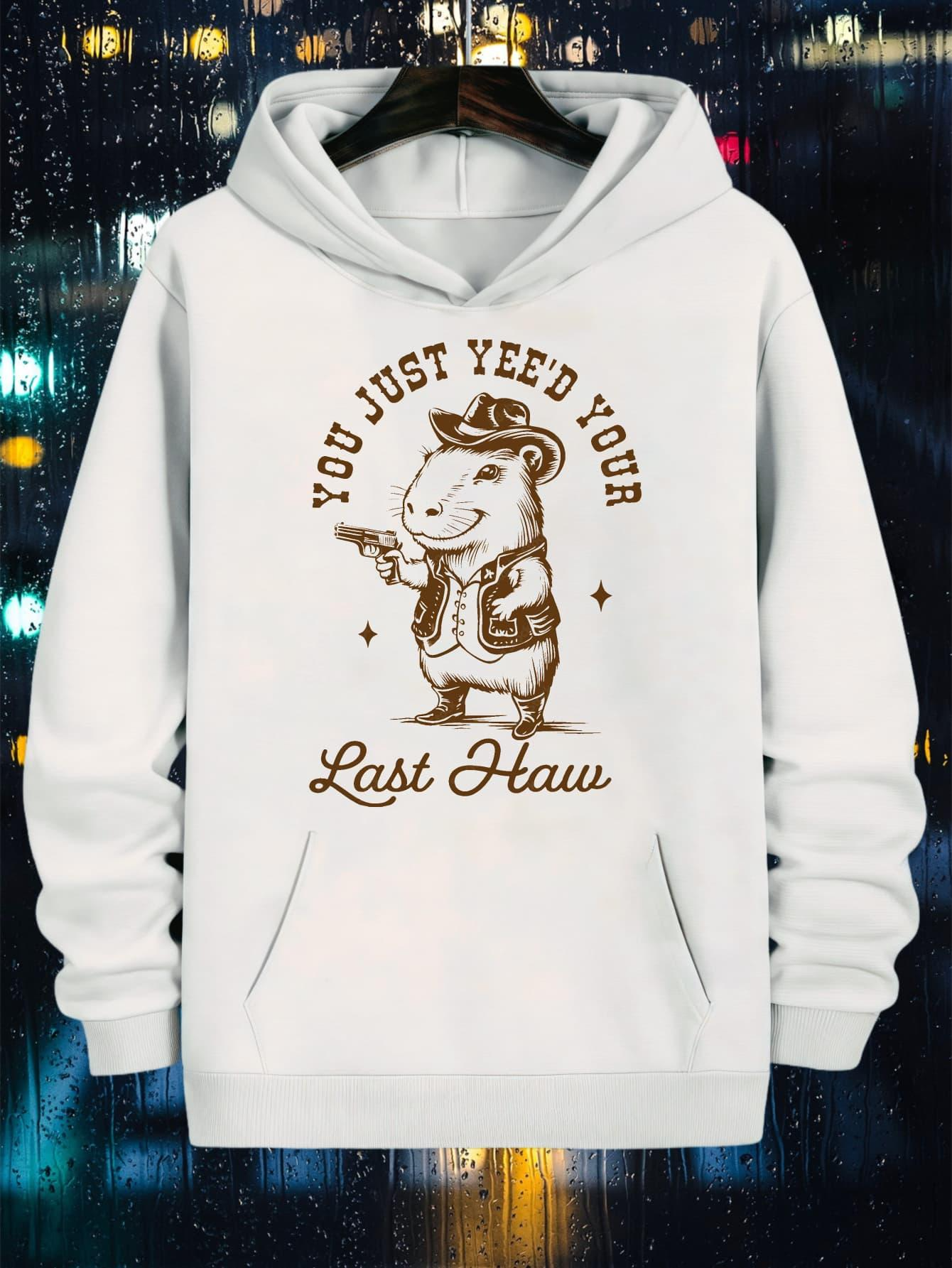 Tailorly Men's Printed Hoodie - You Just Yee D Your Last Haw Cartoon Hamster Wearing Cowboy Hat