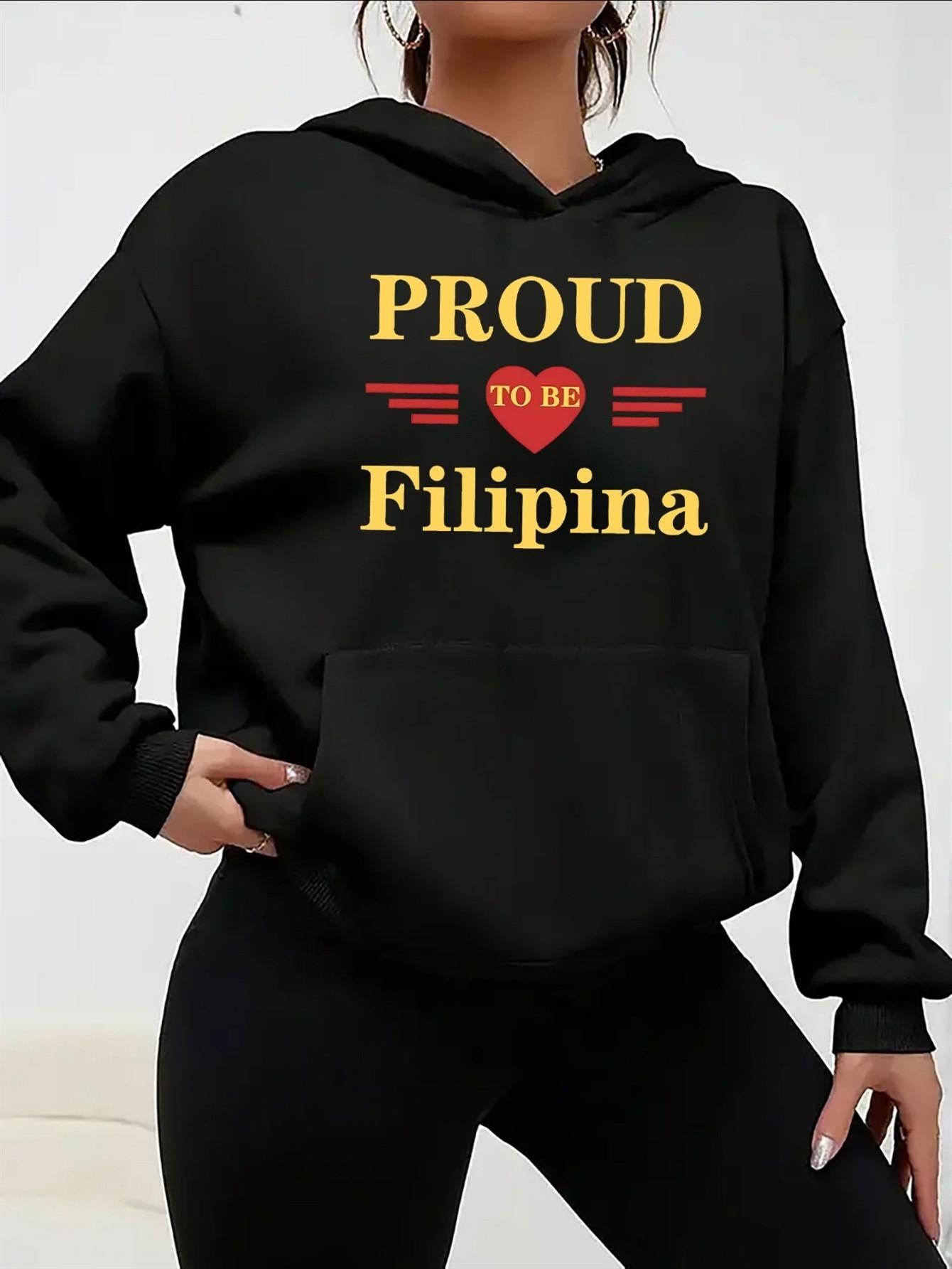 Tailorly Women's Printed Hoodie - Proud To Be Filipina With Red Heart Graphics Around Slogan Hoodie