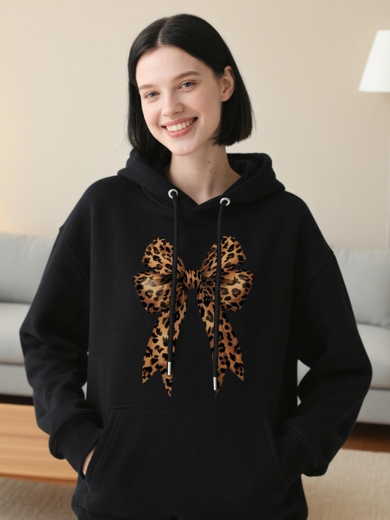 Tailorly Women's Printed Hoodie - Leopard Print Ribbon Design On Cozy Relaxing Casual Black Hoodie