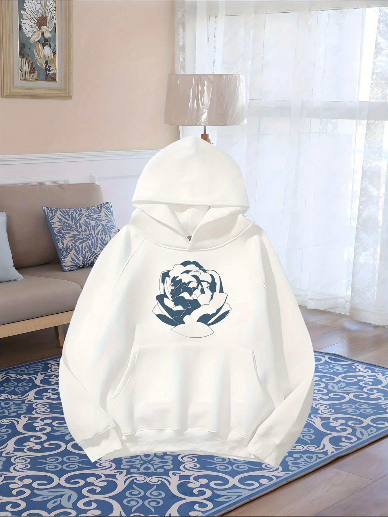 Tailorly Women's Printed Hoodie - Minimalist Ink Brush Style Abstract Floral Rose