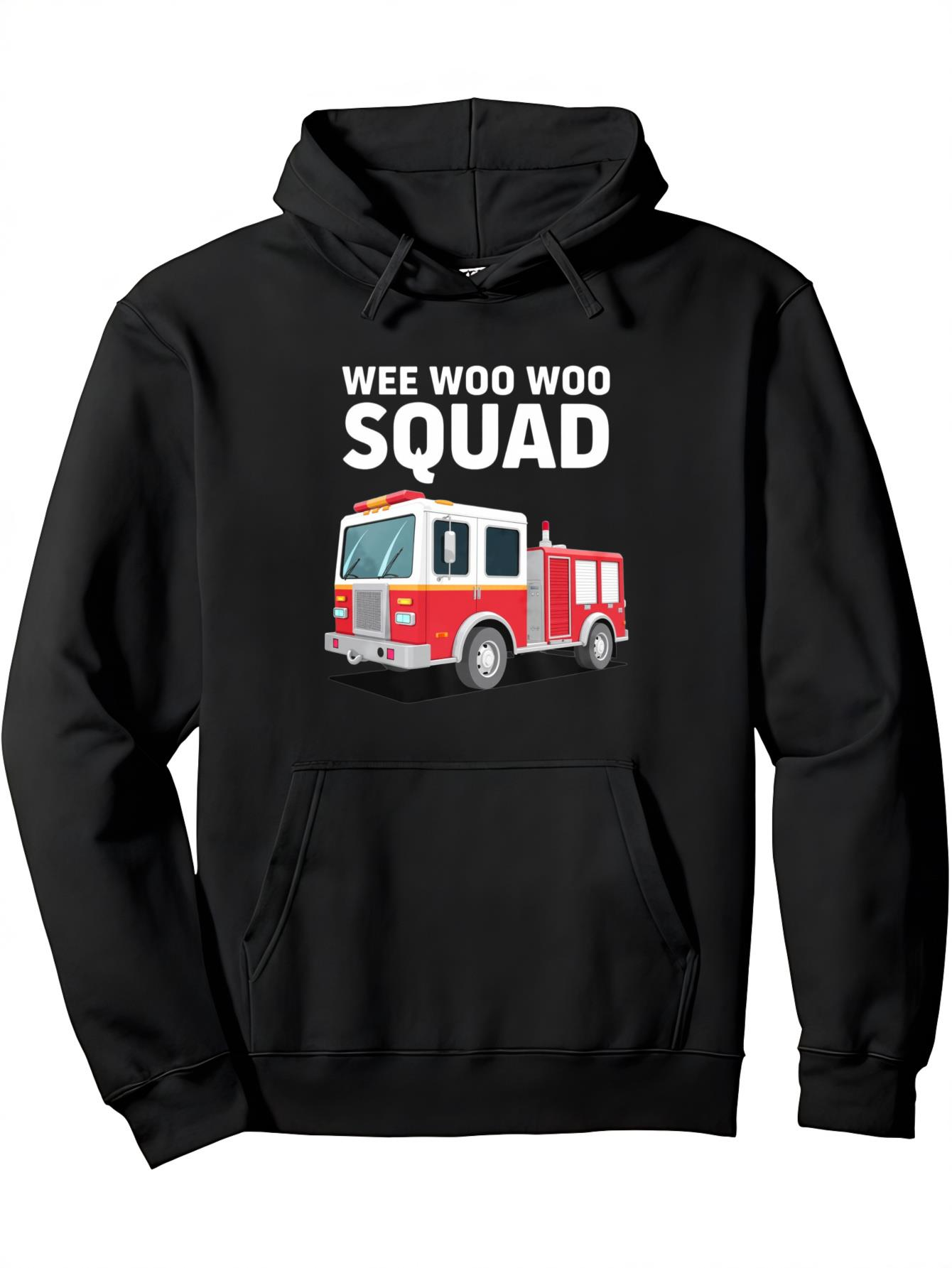 Tailorly Men's Printed Hoodie - Wee Woo Woo Squad Cartoon Red Fire Truck Among City Lights And Sirens Fire Truck