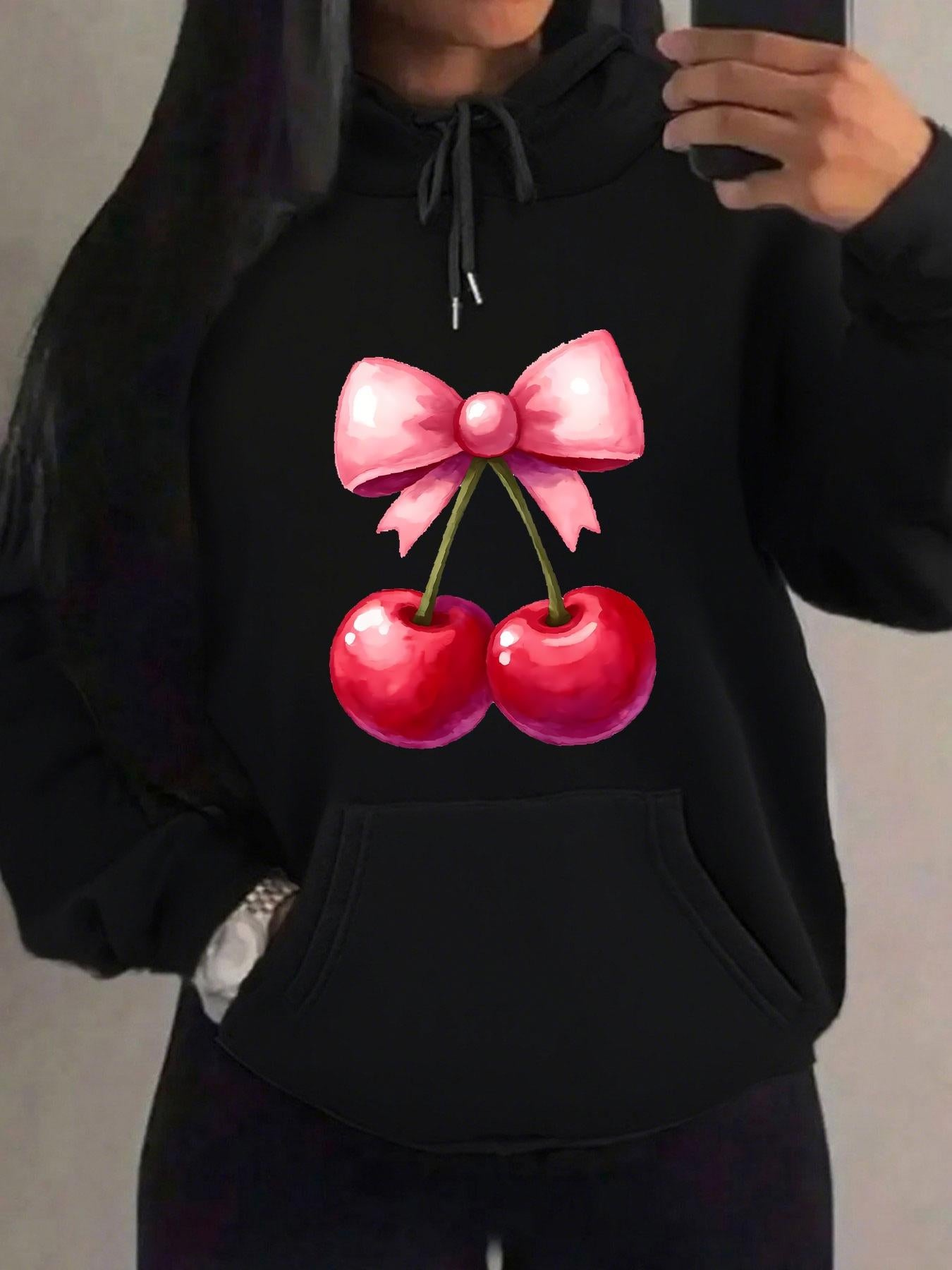 Tailorly Women's Printed Hoodie - Pink Ribbon With Glossy Red Juicy Cherries Fruit Design Cherry