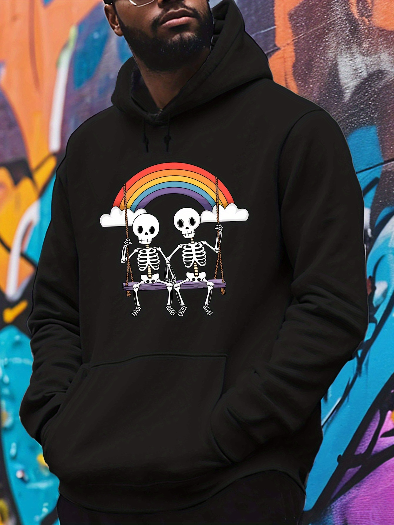 Tailorly Men's Printed Hoodie - Colorful Rainbow With Clouds And Two Skeletons Swinging Together