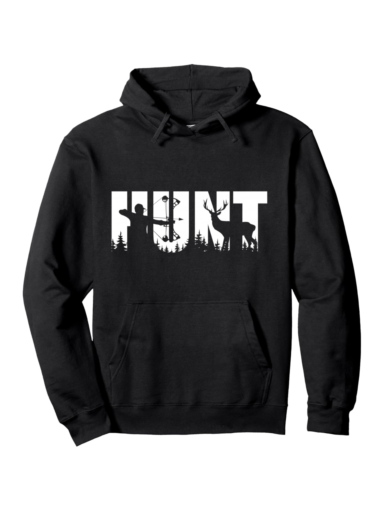 Tailorly Men's Printed Hoodie - Silhouetted Forest Scene With Hunter Deer And Birds Featuring Bold Hunt Text