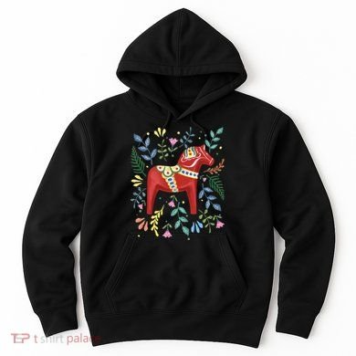 Tailorly Men's Printed Hoodie - Colorful Nordic Ornament With Foliage Swirling Around Traditional Wooden Horse