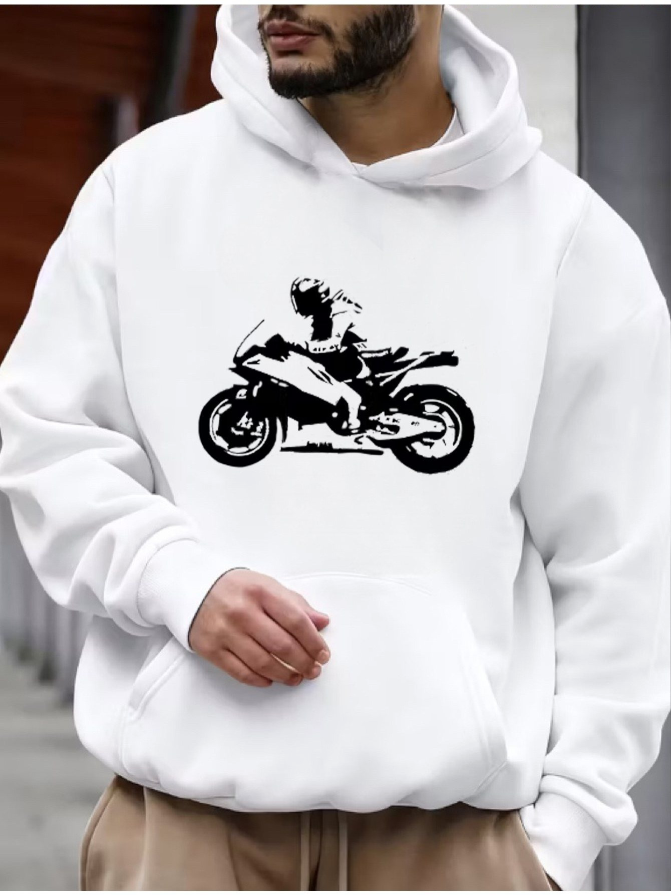 Tailorly Men's Printed Hoodie - Bold Rider In Monochrome Style Motorbike Picture Motorcyclist