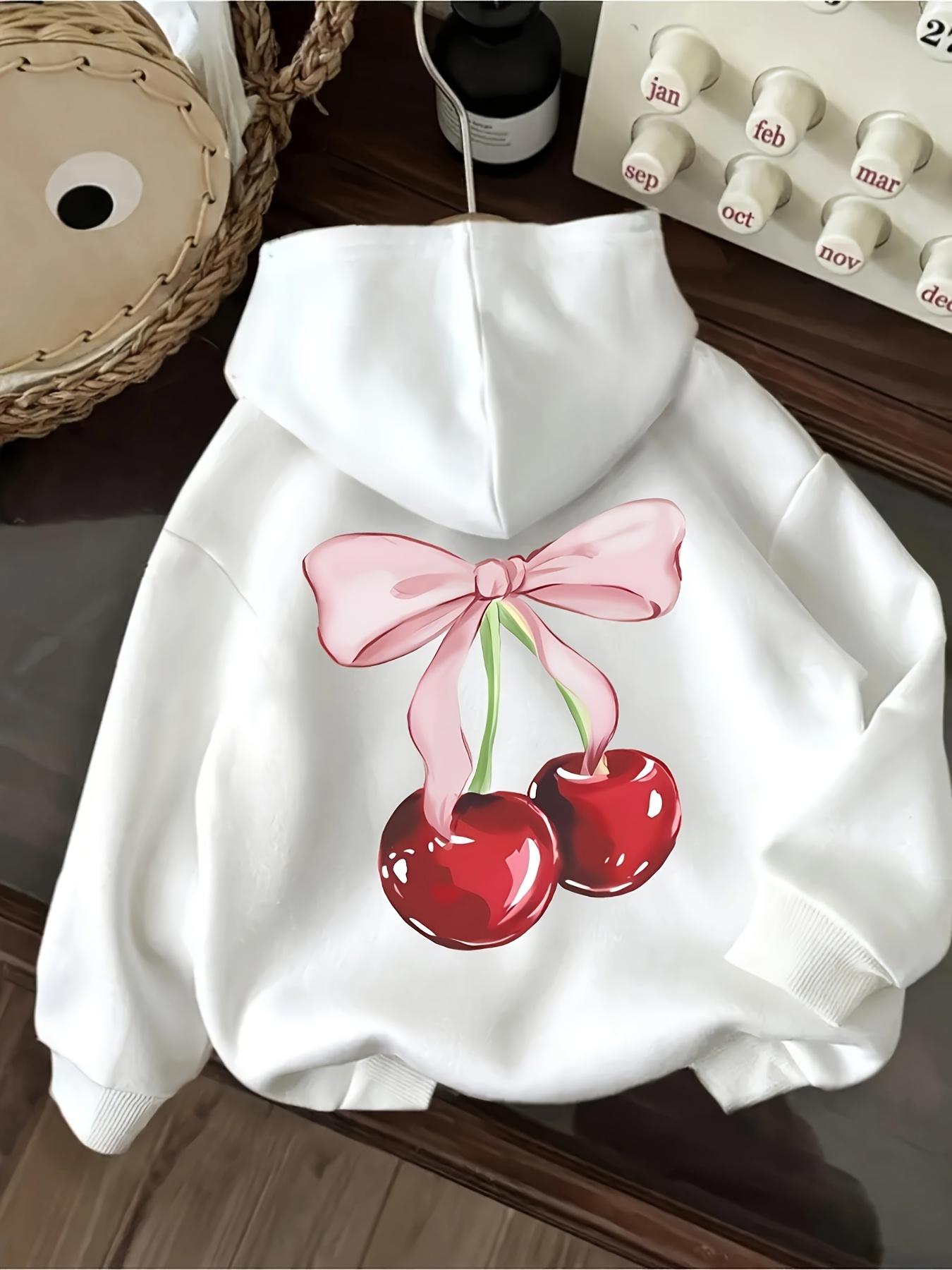 Tailorly Women's Printed Hoodie - Glossy Twin Cherries Hanging Under A Pink Ribbon Bow Cherry