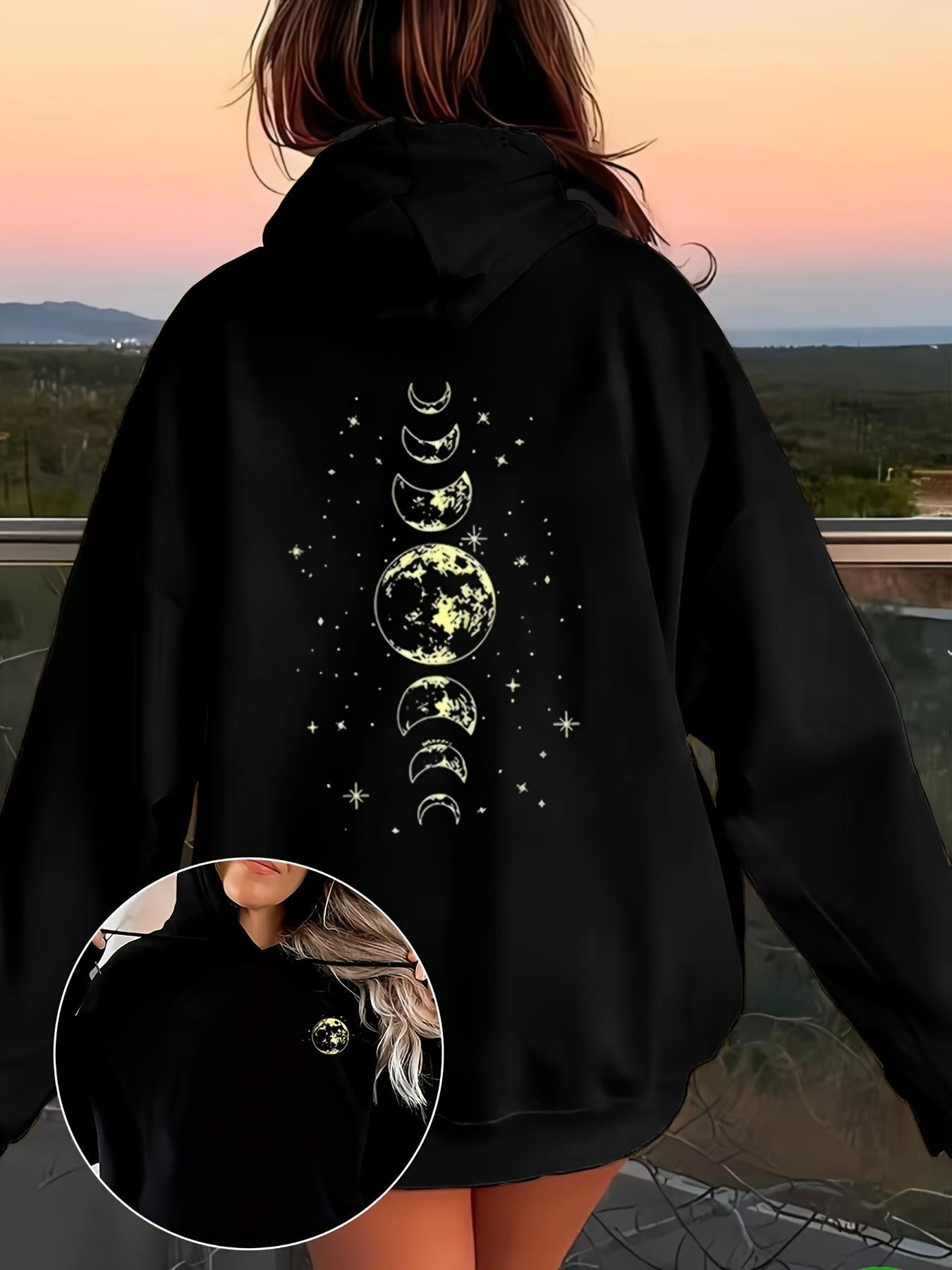 Tailorly Women's Printed Hoodie - Celestial Phases With Glowing Stars And Radiant Luna Moon