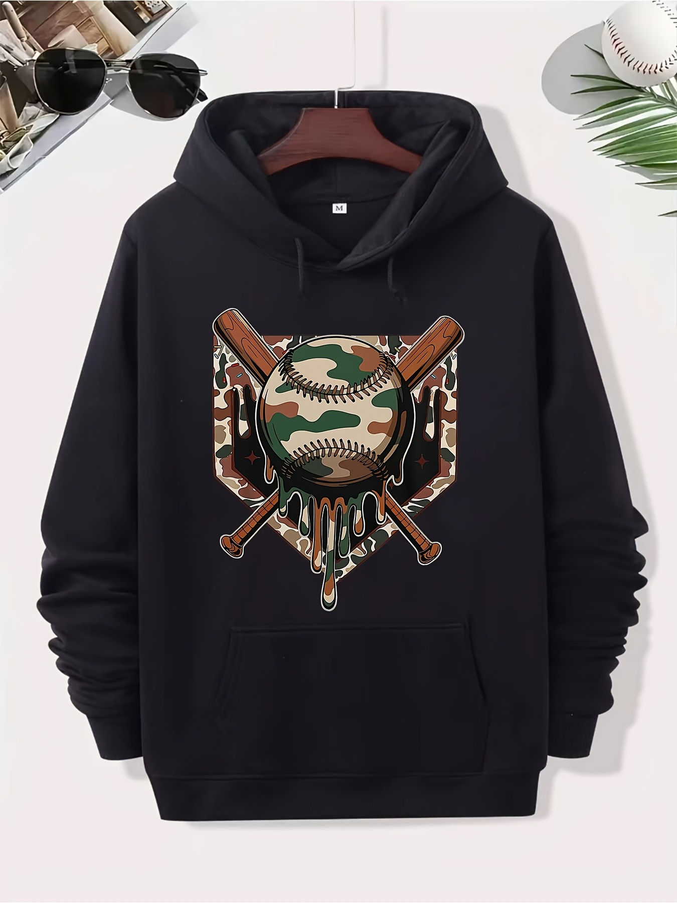 Tailorly Men's Printed Hoodie - Camo Pattern With Bats And Helmet Against Shield Baseball