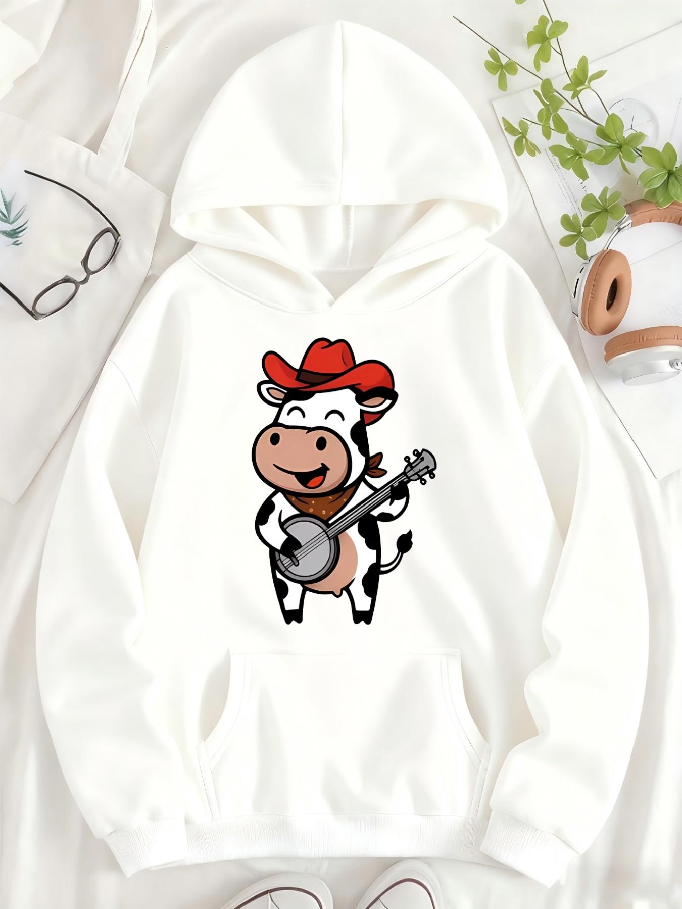 Tailorly Women's Printed Hoodie - Cheerful Country Cartoon With Red Cowboy Hat And Banjo Playing Cow