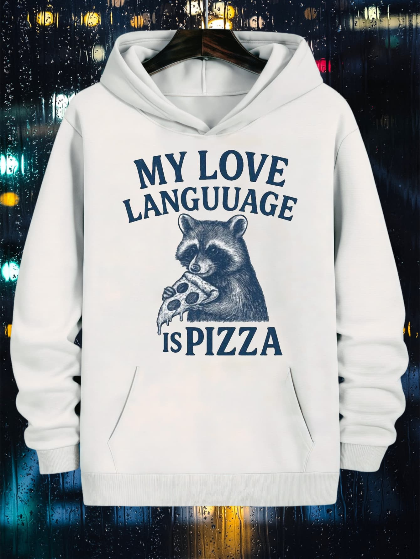 Tailorly Men's Printed Hoodie - My Love Language Is Pizza Raccoon With Cheesy Pepperoni Pizza Slice Illustration