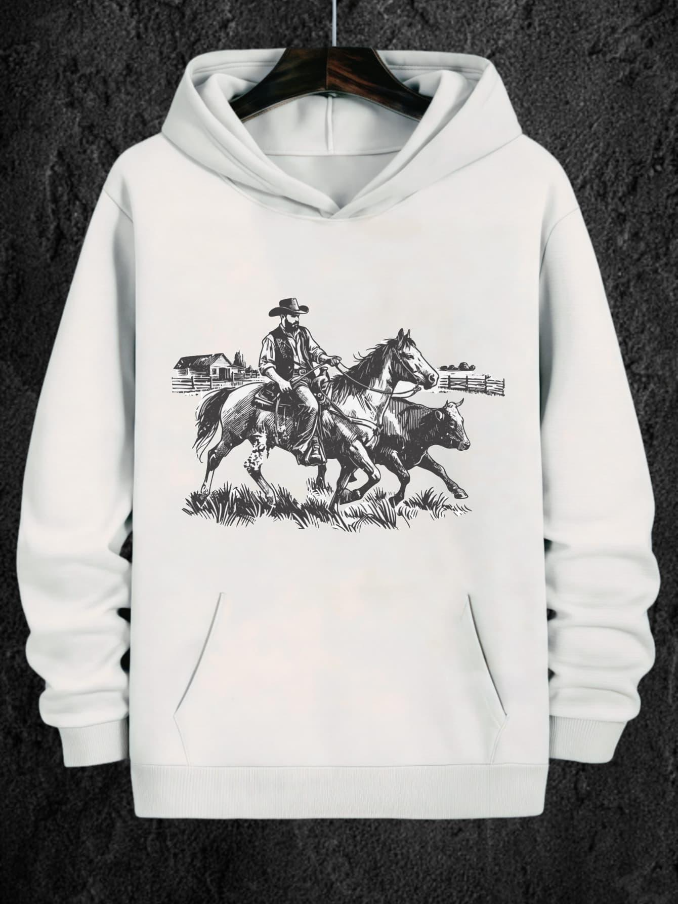 Tailorly Men's Printed Hoodie - Country Cowboy Riding Two Horses Through Grassy Field