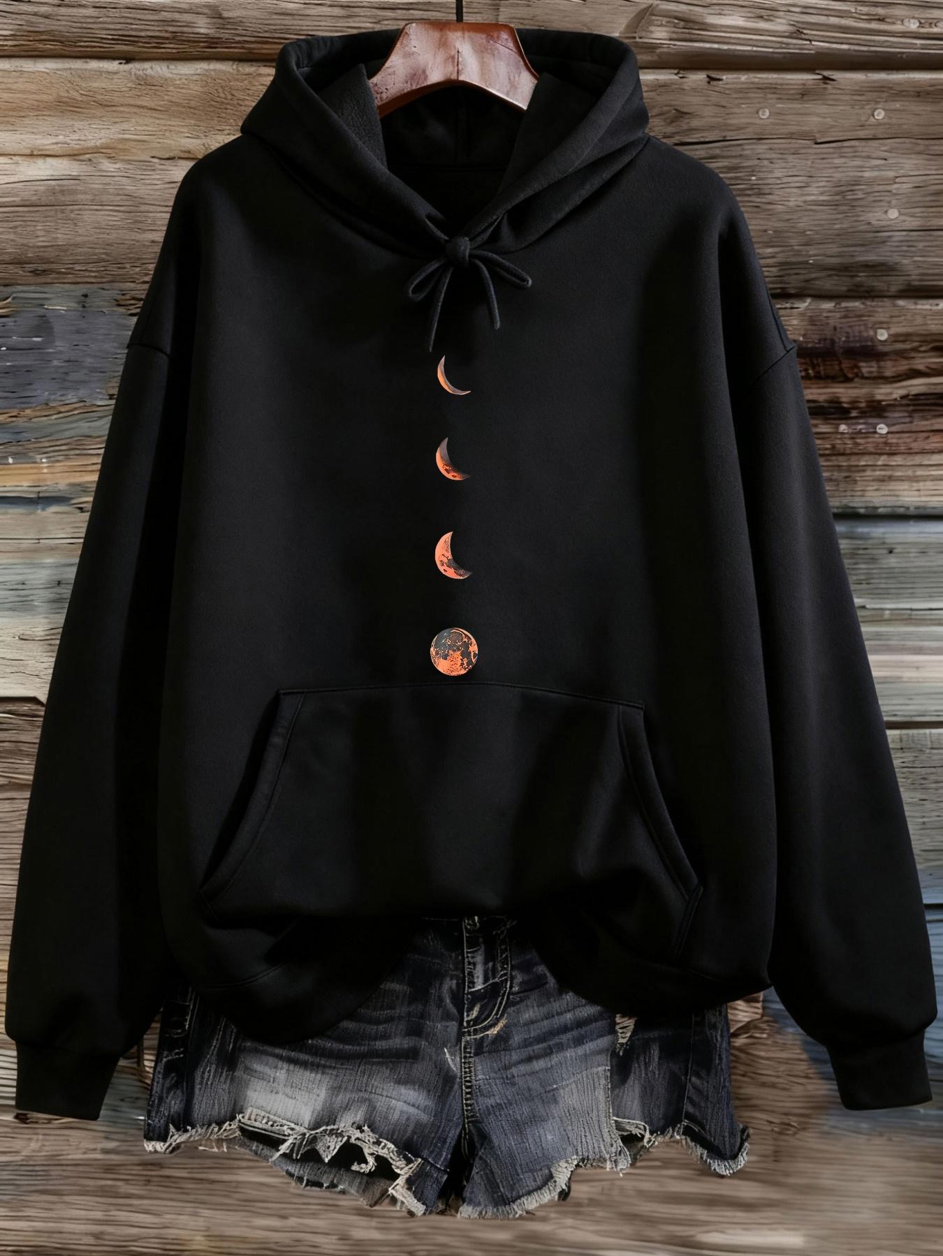 Tailorly Women's Printed Hoodie - Phases Of The Moon With Luminous Golden Crescent Reflecting Night Sky Moon