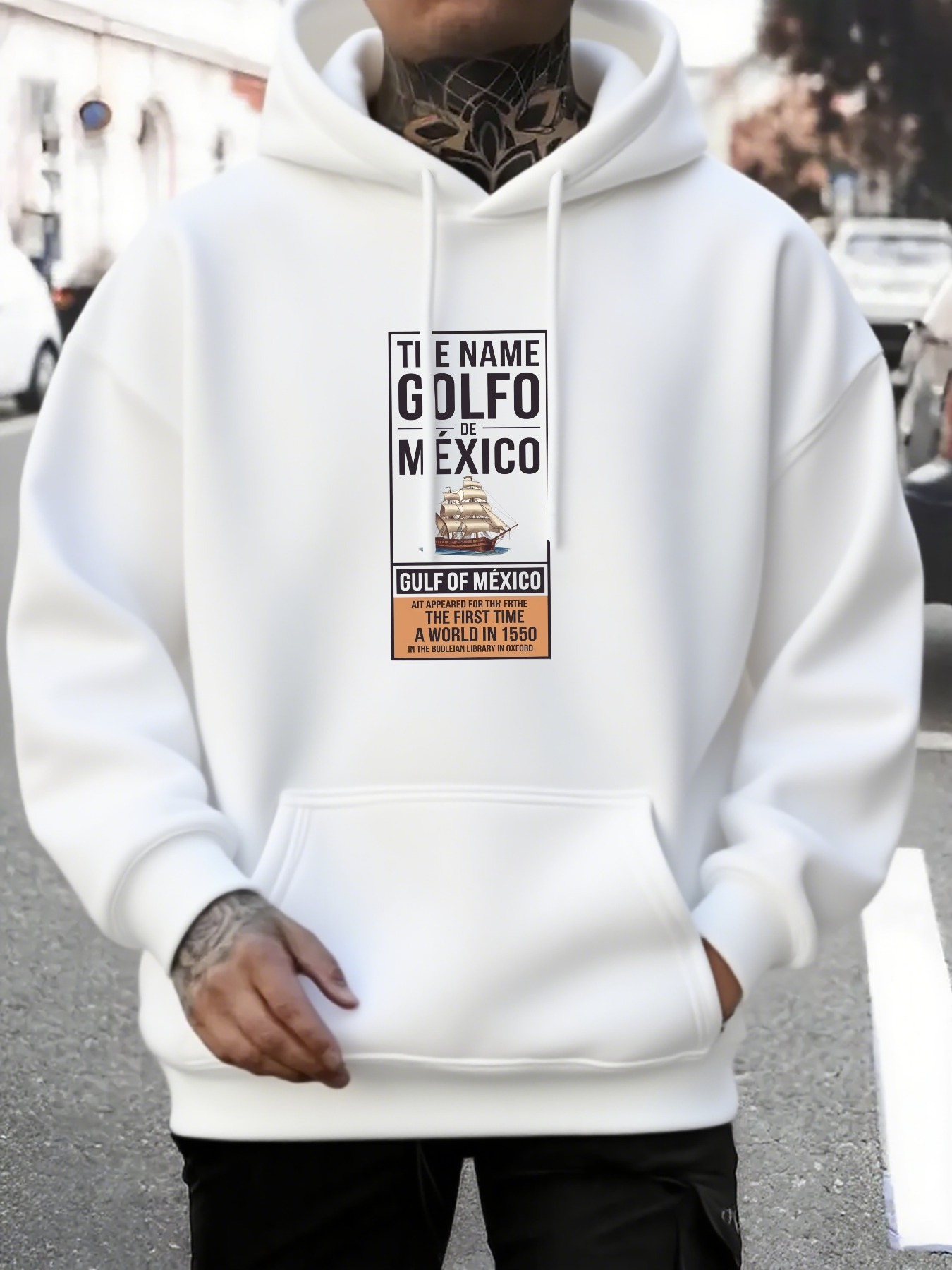 Tailorly Men's Printed Hoodie - The Name Golfo Mexico Sailing Ship Drawing Under Orange Sunset Sea