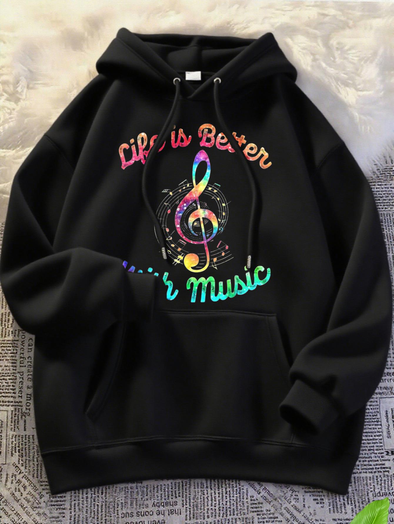 Tailorly Women's Printed Hoodie - Life Is Better With Colorful Notes Swirling Around Bright Music