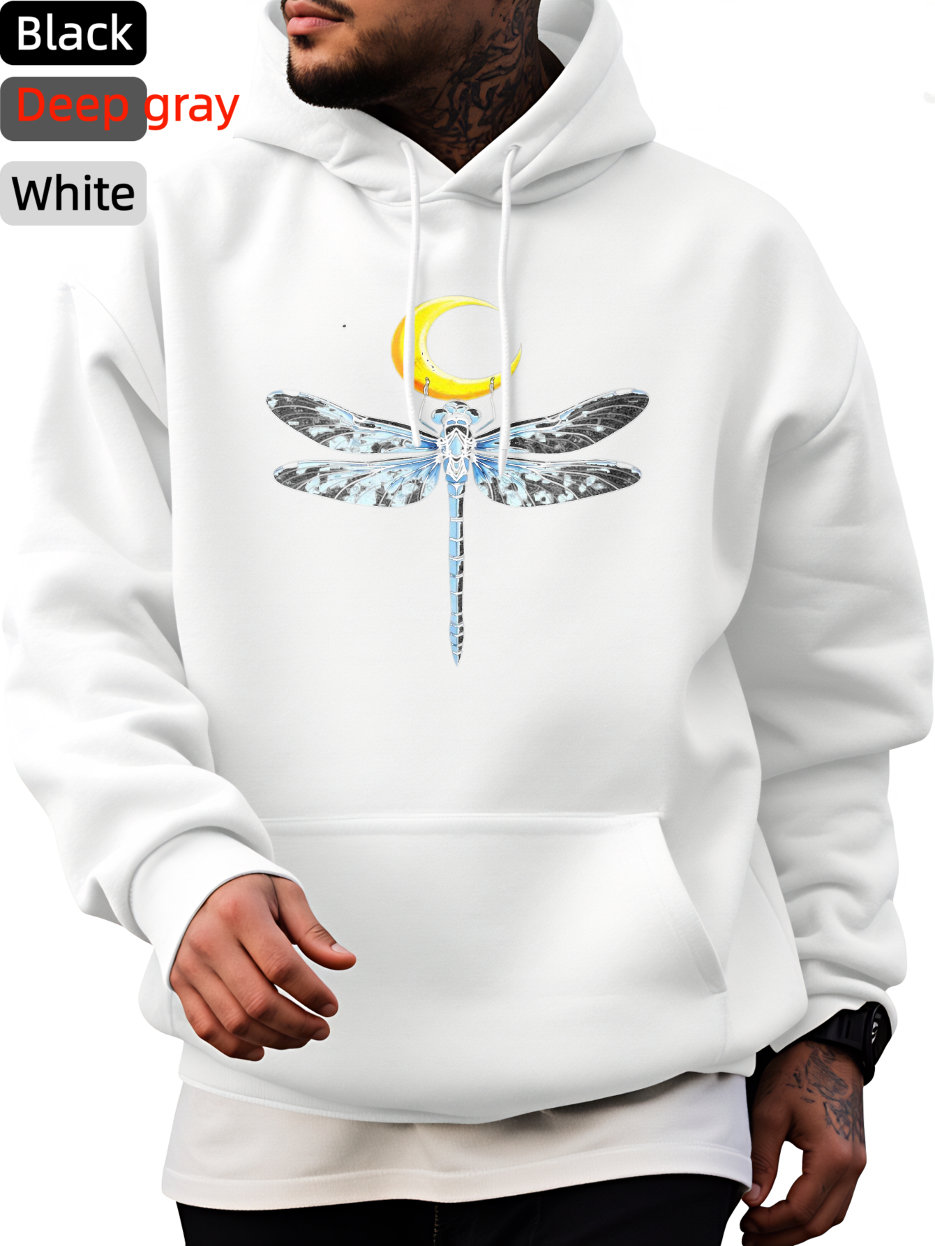 Tailorly Men's Printed Hoodie - Bright Golden Crescent Moon Above Abstract Blue Dragonfly