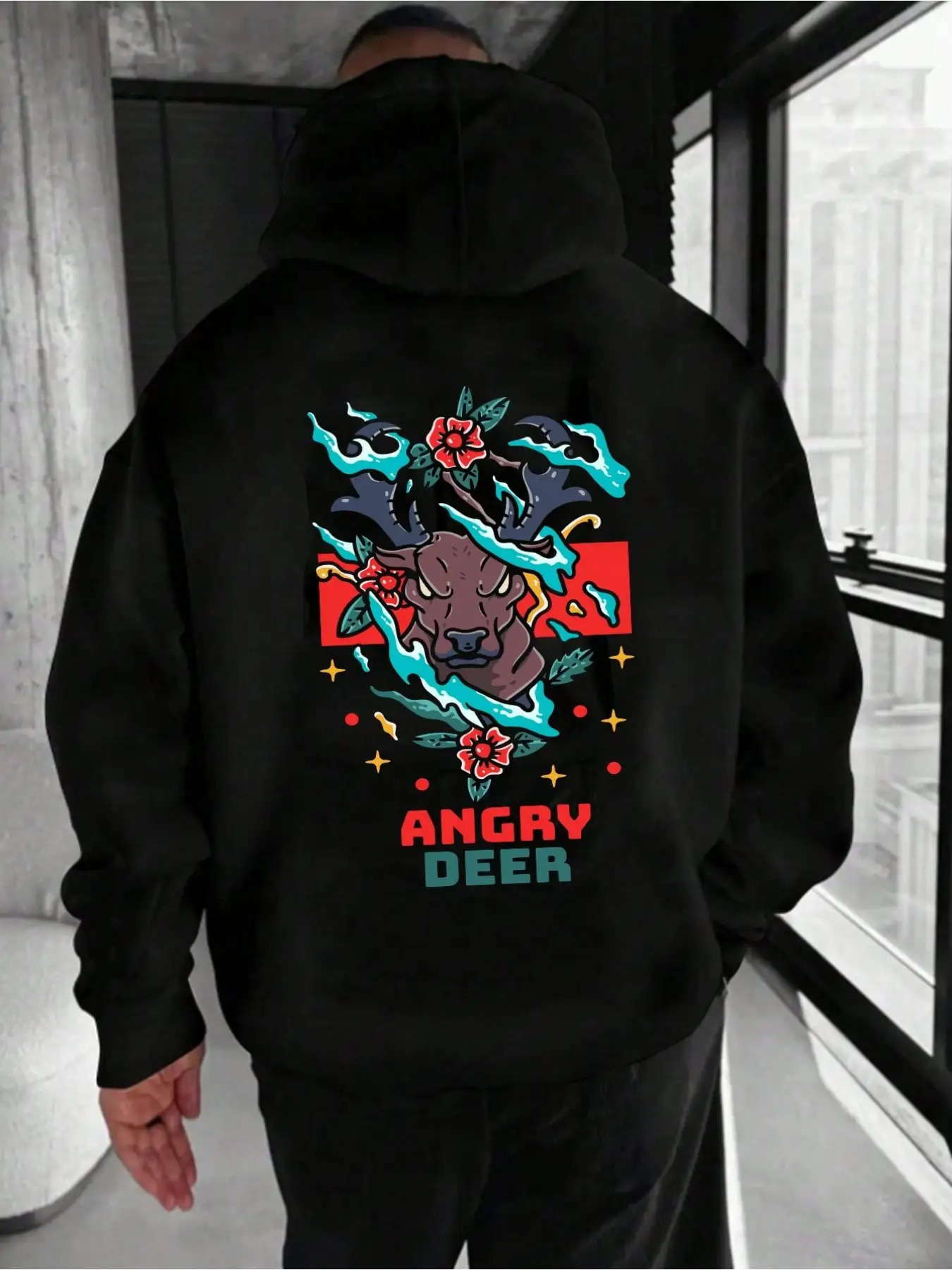 Tailorly Men's Printed Hoodie - Angry Deer Surrounded By Blue Flames And Red Blossoms Amidst Graphic Accents Deer