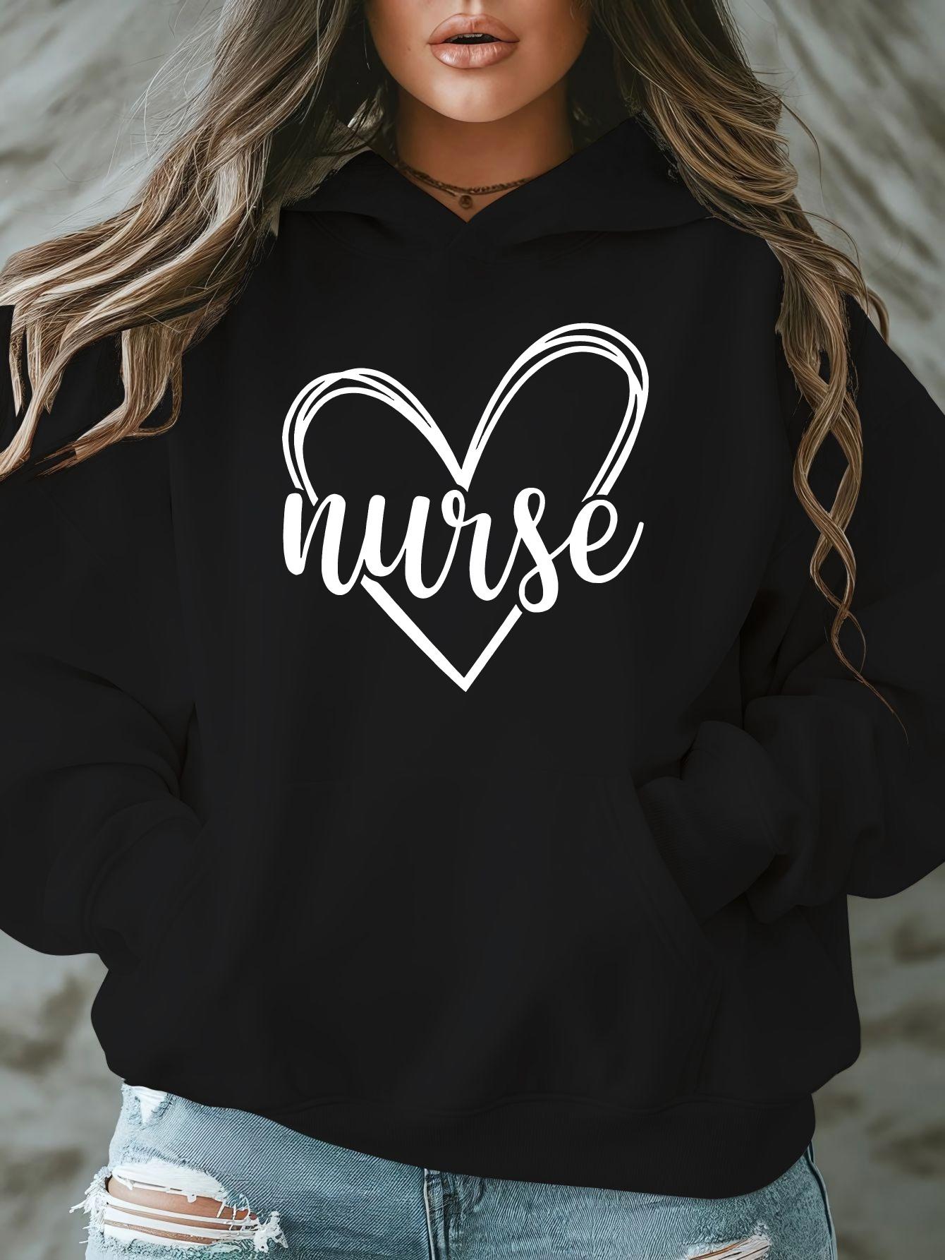 Tailorly Women's Printed Hoodie - Nurse White Heart Outline On Cozy Black Hoodie