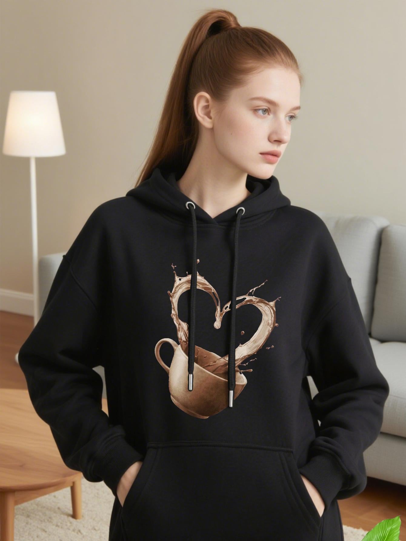 Tailorly Women's Printed Hoodie - Coffee Splash Forming A Heart Above Ceramic Mug