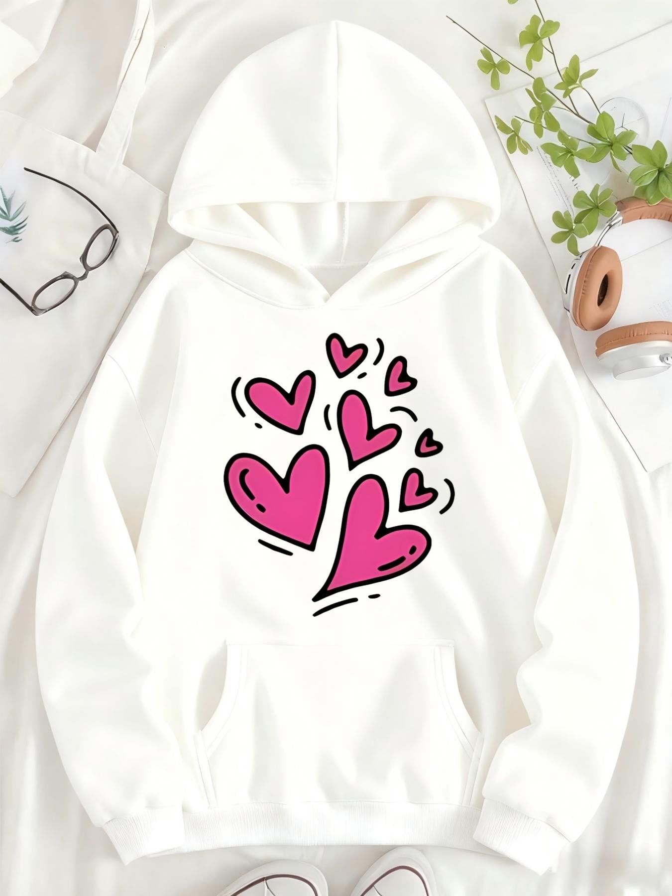 Tailorly Women's Printed Hoodie - Whimsical Pink Cartoon Hearts Floating On Cozy White Hoodie