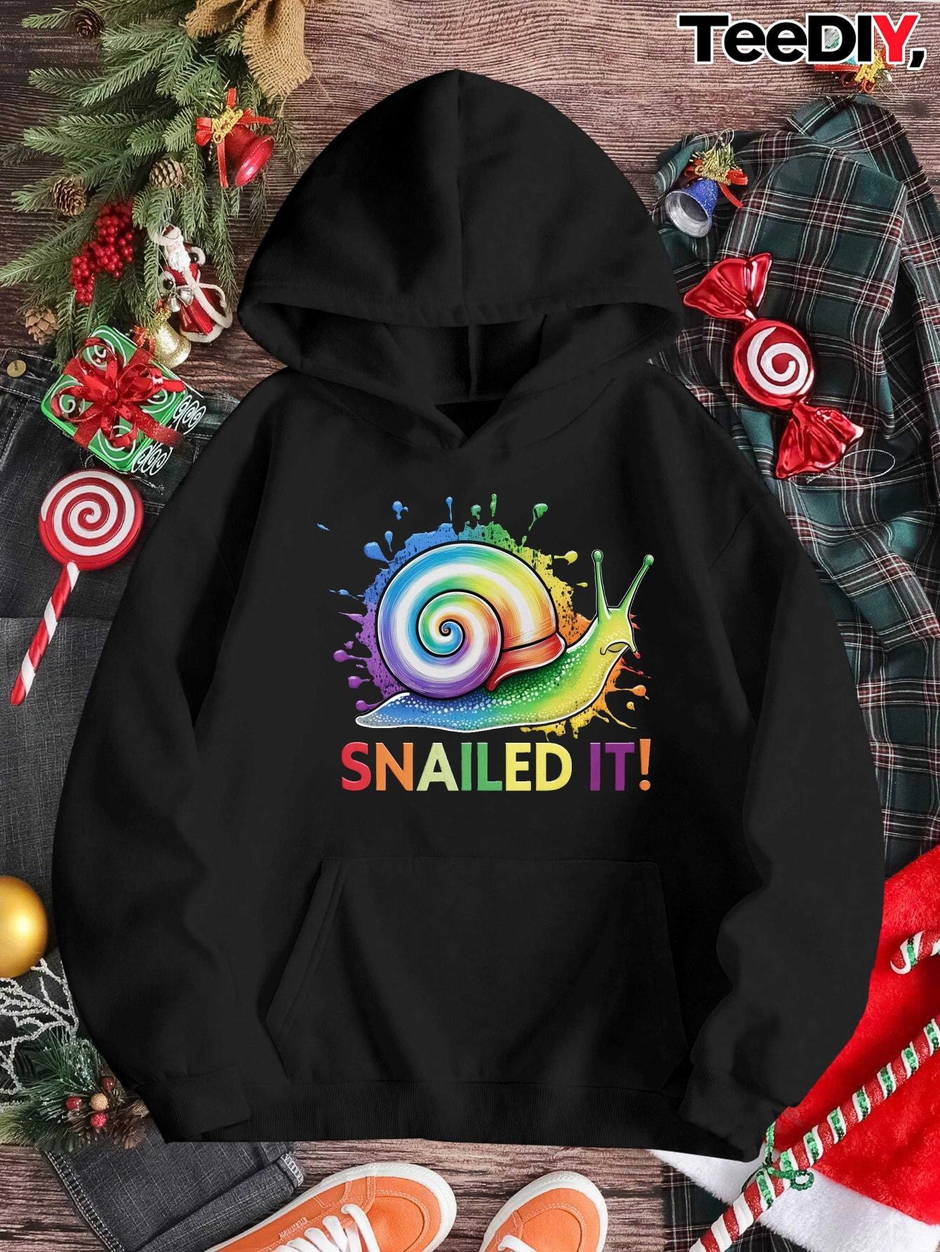 Tailorly Women's Printed Hoodie - Colorful Rainbow Gradient With Spiraling Shell And Glowing Happy Snail