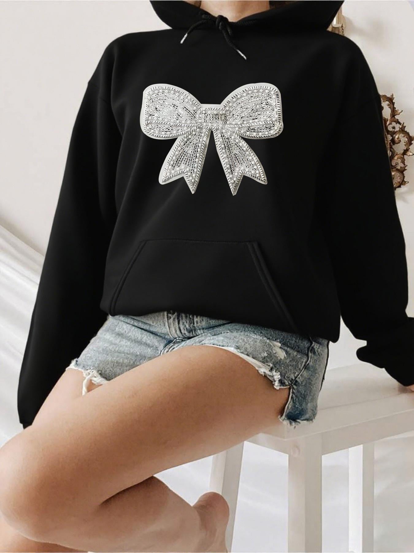 Tailorly Women's Printed Hoodie - Shimmering Crystal Bowknot Decorated Centerpiece Ribbon Bow