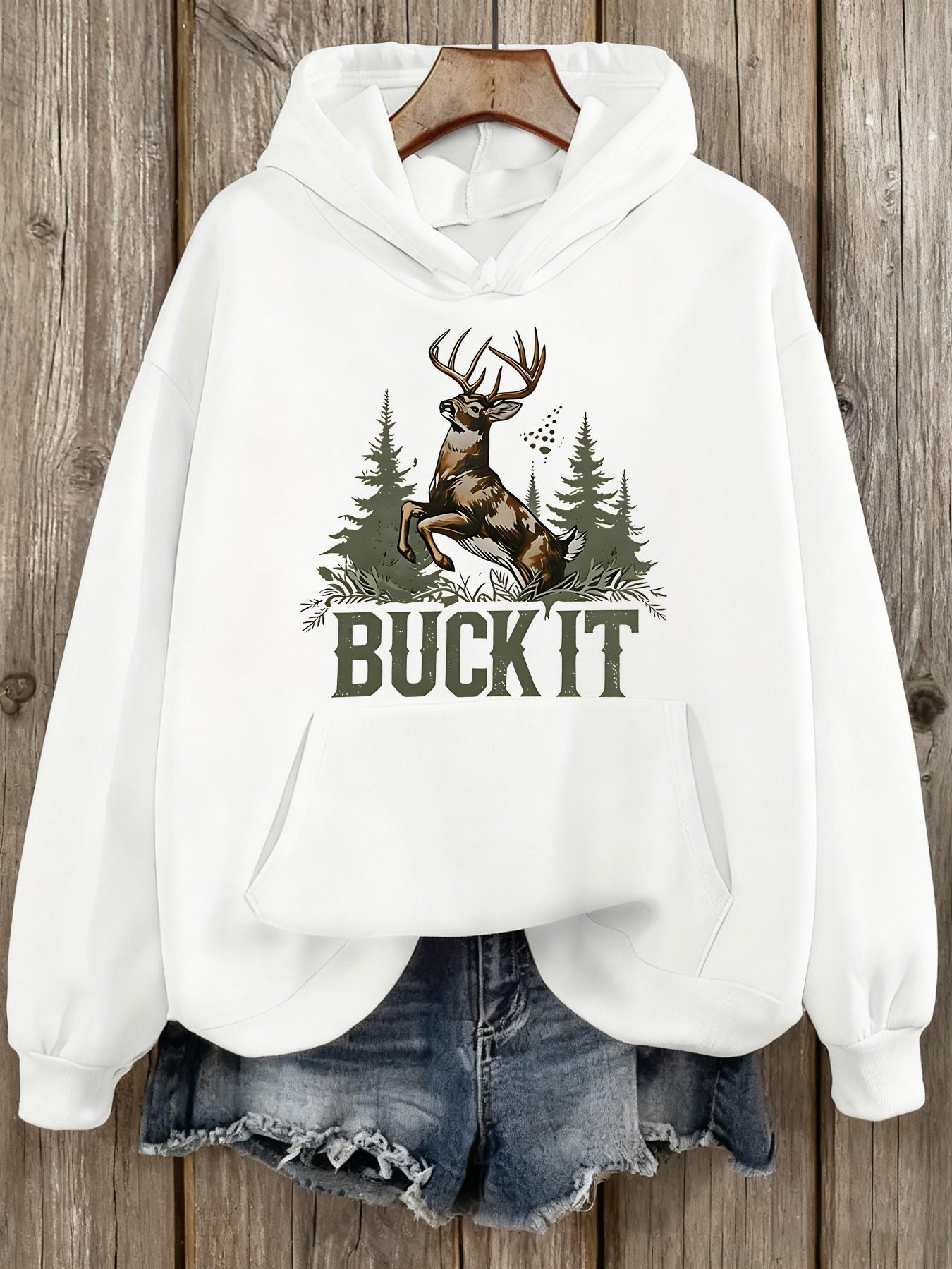 Tailorly Women's Printed Hoodie - Buck It With Forest Trees And Majestic Deer Graphic