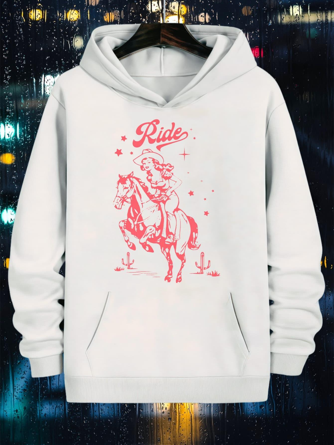 Tailorly Men's Printed Hoodie - Ride With Cowgirl Among Stars Cacti And Galloping Horse