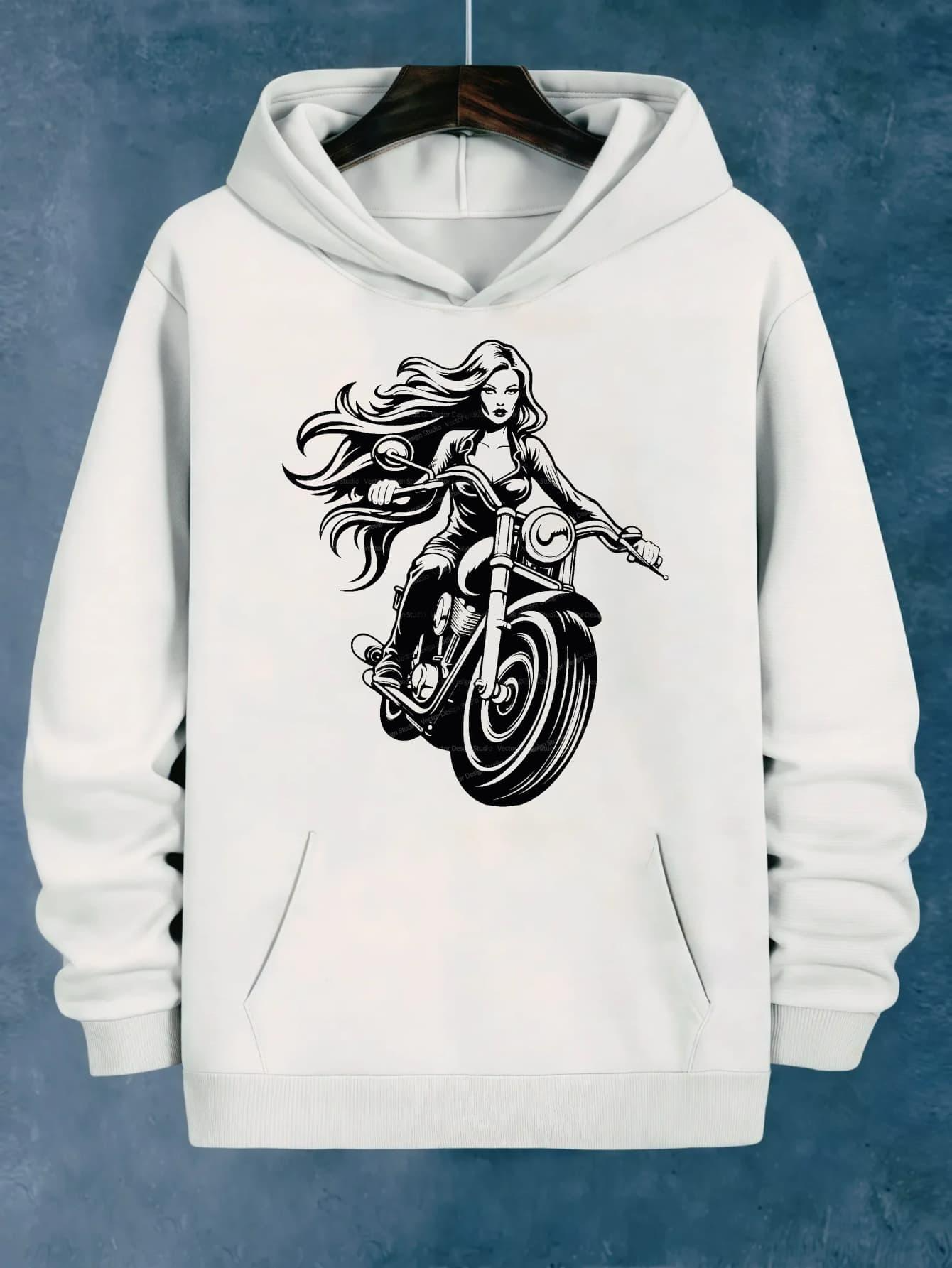Tailorly Men's Printed Hoodie - Flowing Hair Rider With Speed Lines Among Roaring Motorcycle Wheels