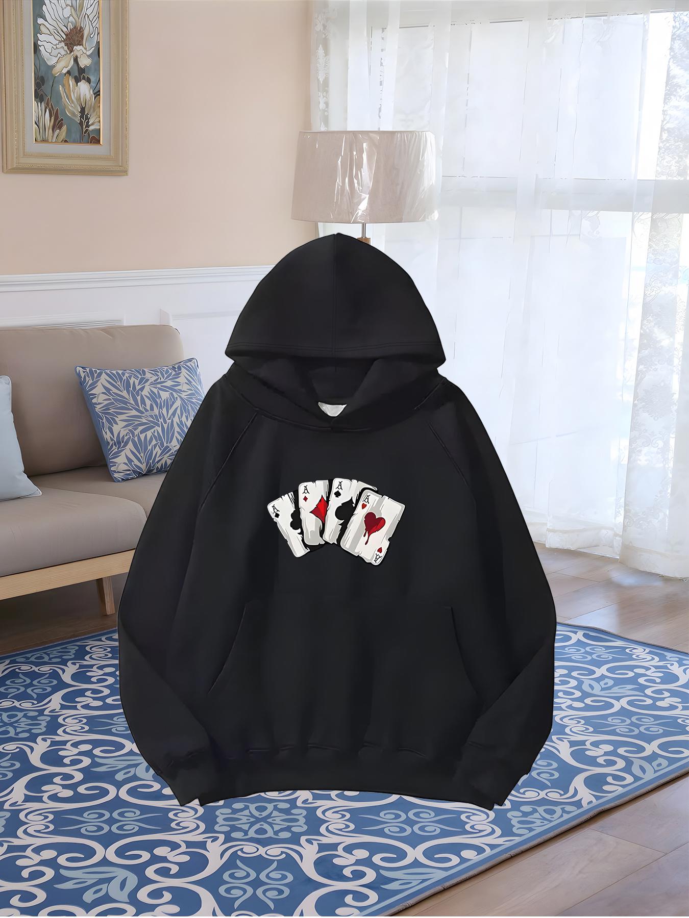 Tailorly Women's Printed Hoodie - Playing Card Set Showing Hearts Among Dark Cozy Hoodie