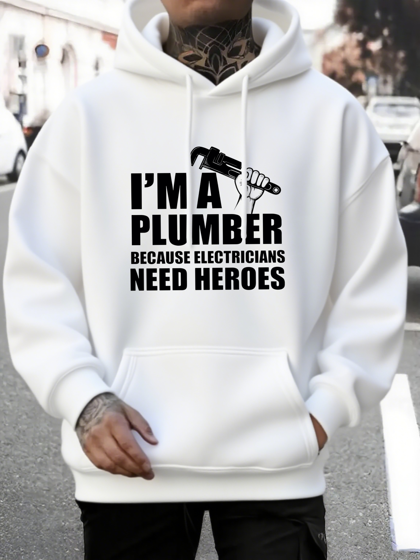 Tailorly Men's Printed Hoodie - Im A Plumber Because Electricians Need Heroes With Cartoon Wrench Bold Statement Typography Hoodie