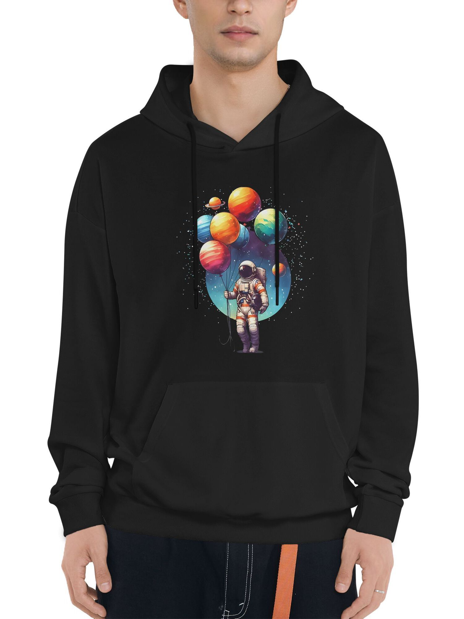 Tailorly Men's Printed Hoodie - Colorful Planets Floating Above A Dreamy Walking Astronaut