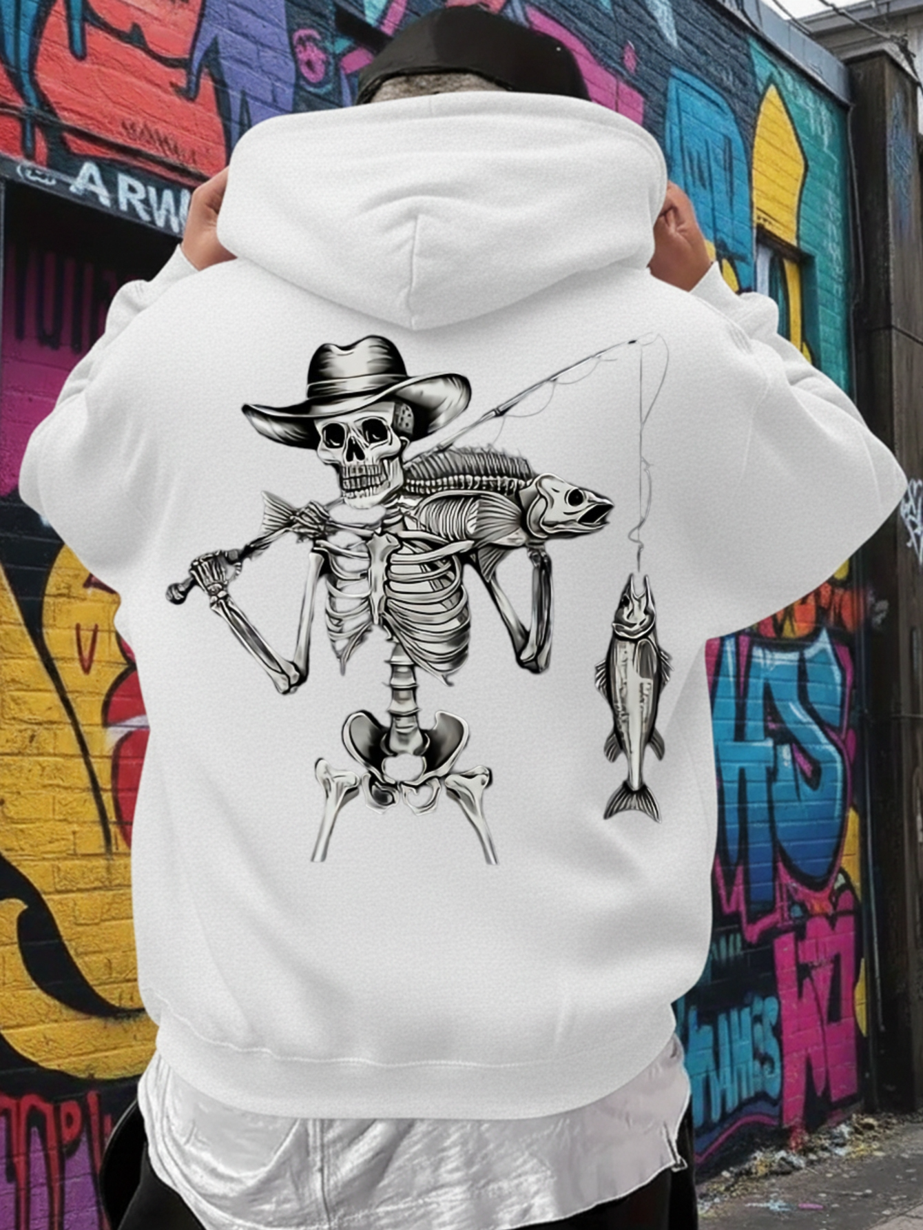 Tailorly Men's Printed Hoodie - Grinning Skeleton Wearing Cowboy Hat Holding Fish Skeleton And Fishing Pole