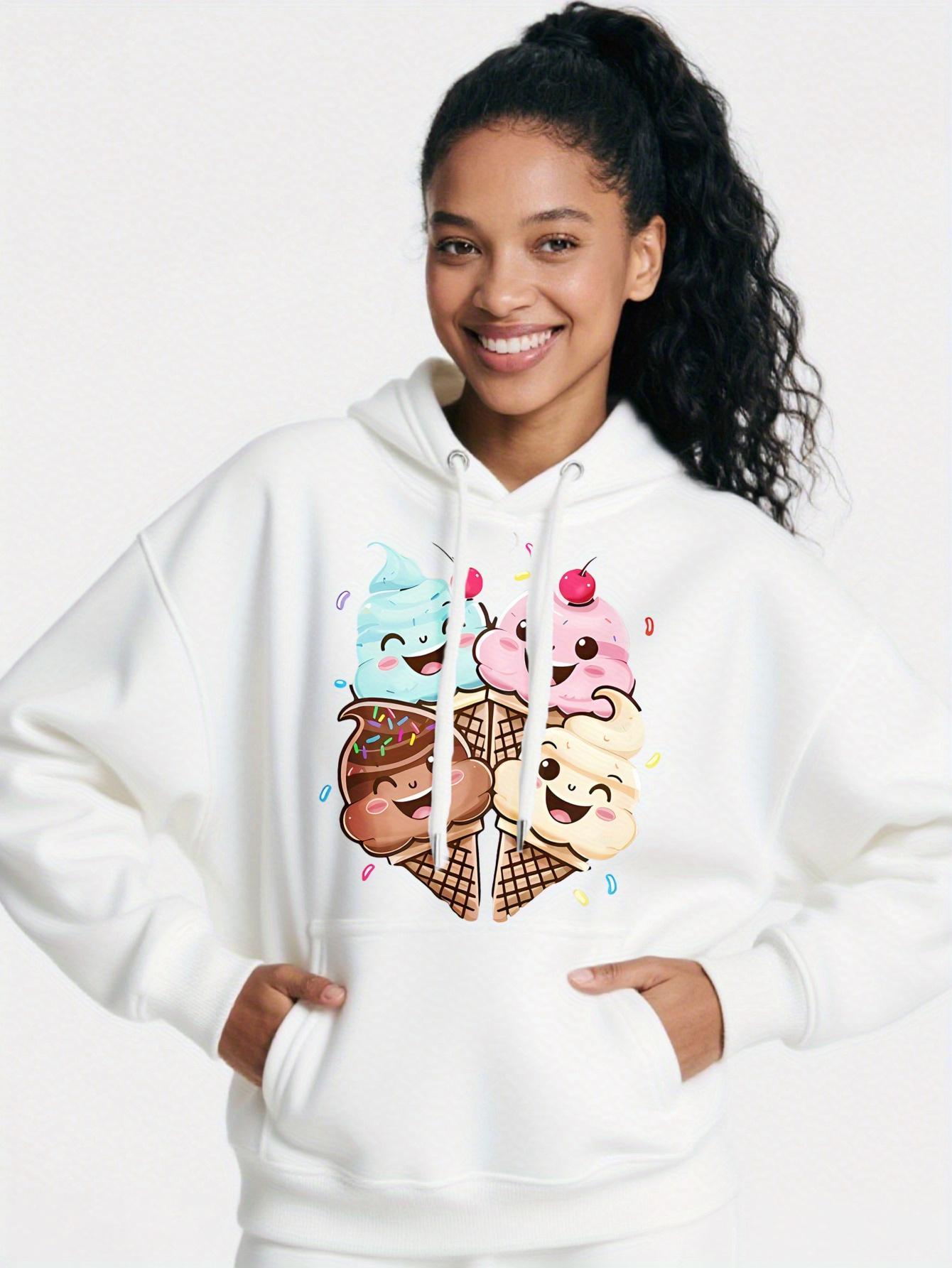 Tailorly Women's Printed Hoodie - Cheerful Cartoon Ice Cream Cones With Sprinkles Happy Faces Hoodie