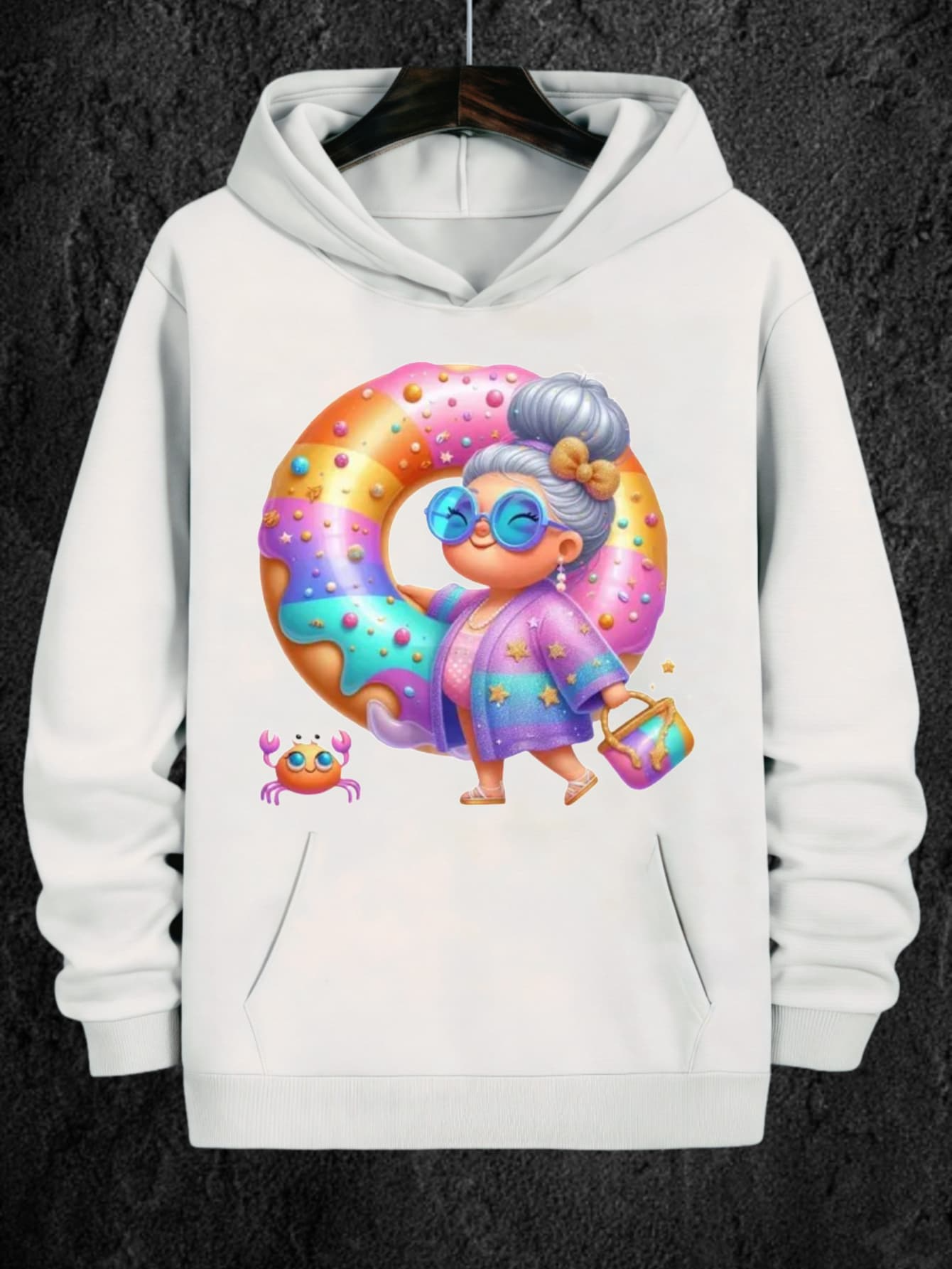 Tailorly Men's Printed Hoodie - Playful Elderly Swimmer With Colorful Inflatable Surrounded By Happy Crab