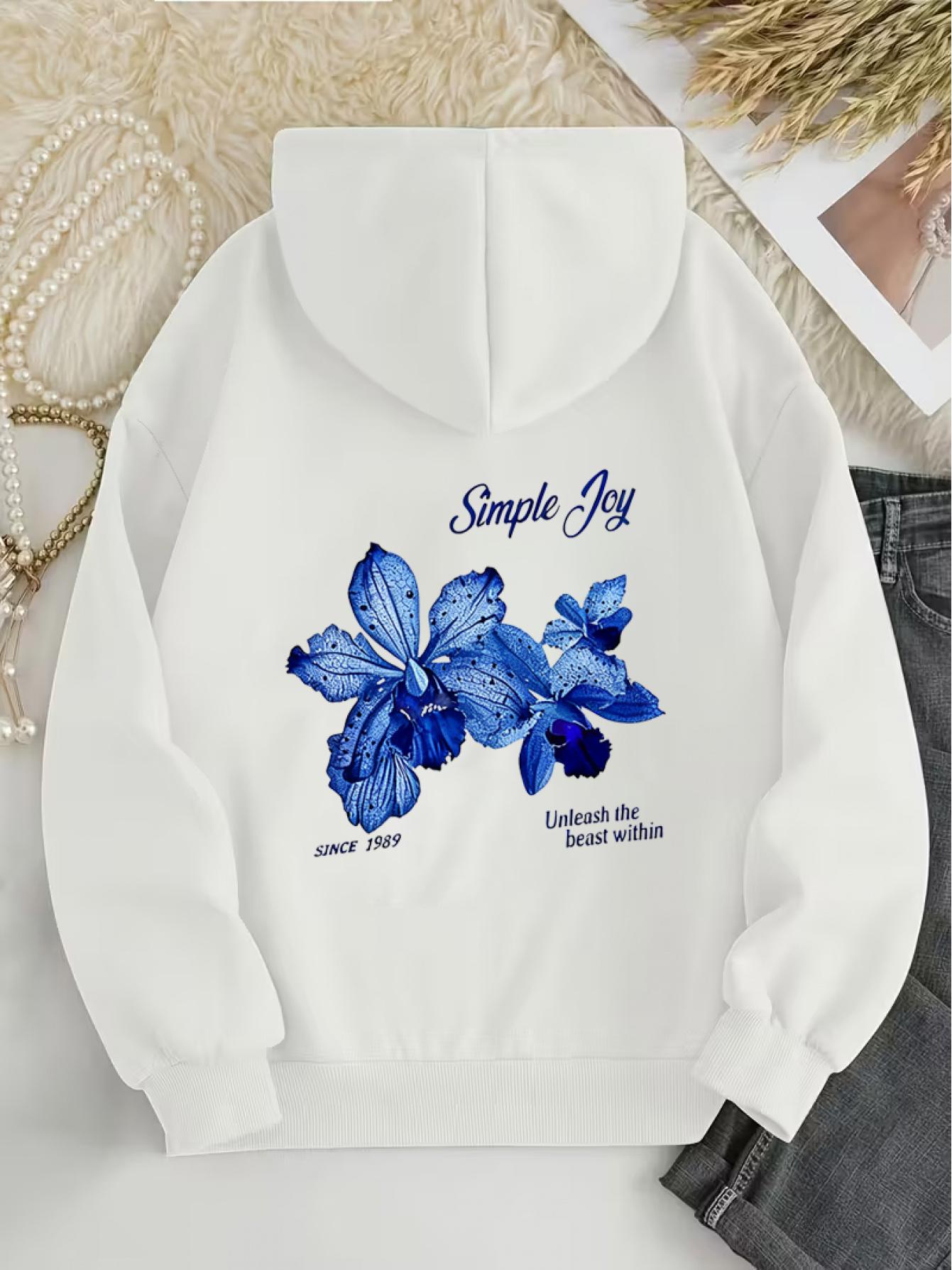 Tailorly Women's Printed Hoodie - Simple Joy Blue Blossoms Embracing Light And Petals With Inspiring Flower