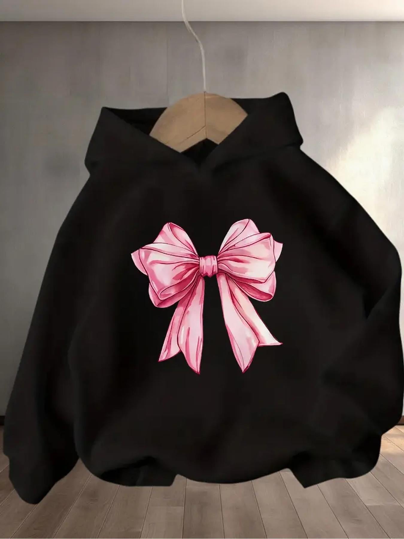 Tailorly Women's Printed Hoodie - Soft Pastel Pink Ribbon Bow On Black Hoodie