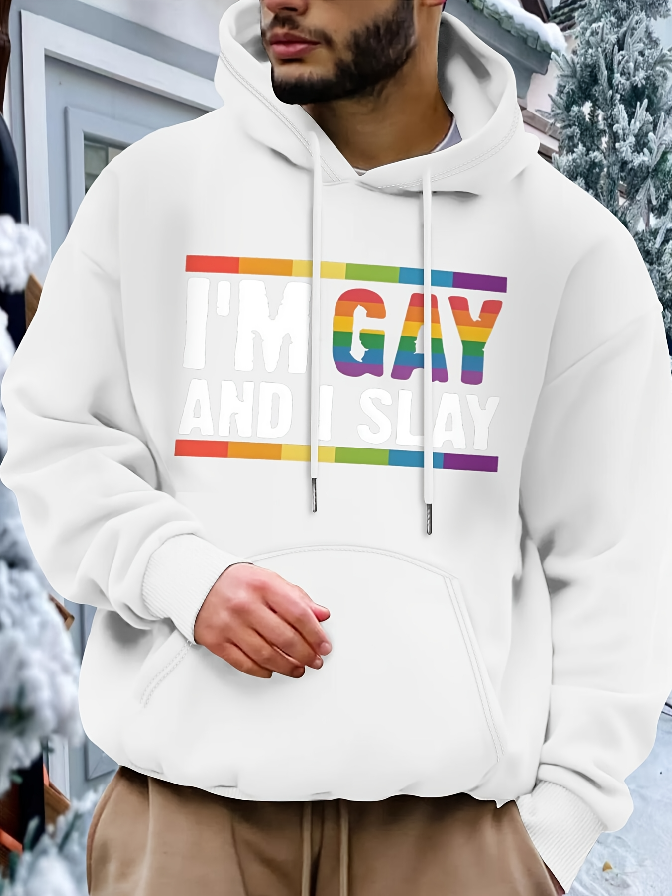 Tailorly Men's Printed Hoodie - Im Gay And I Slay Rainbow Stripes Under Bright Winter Snow Hoodie