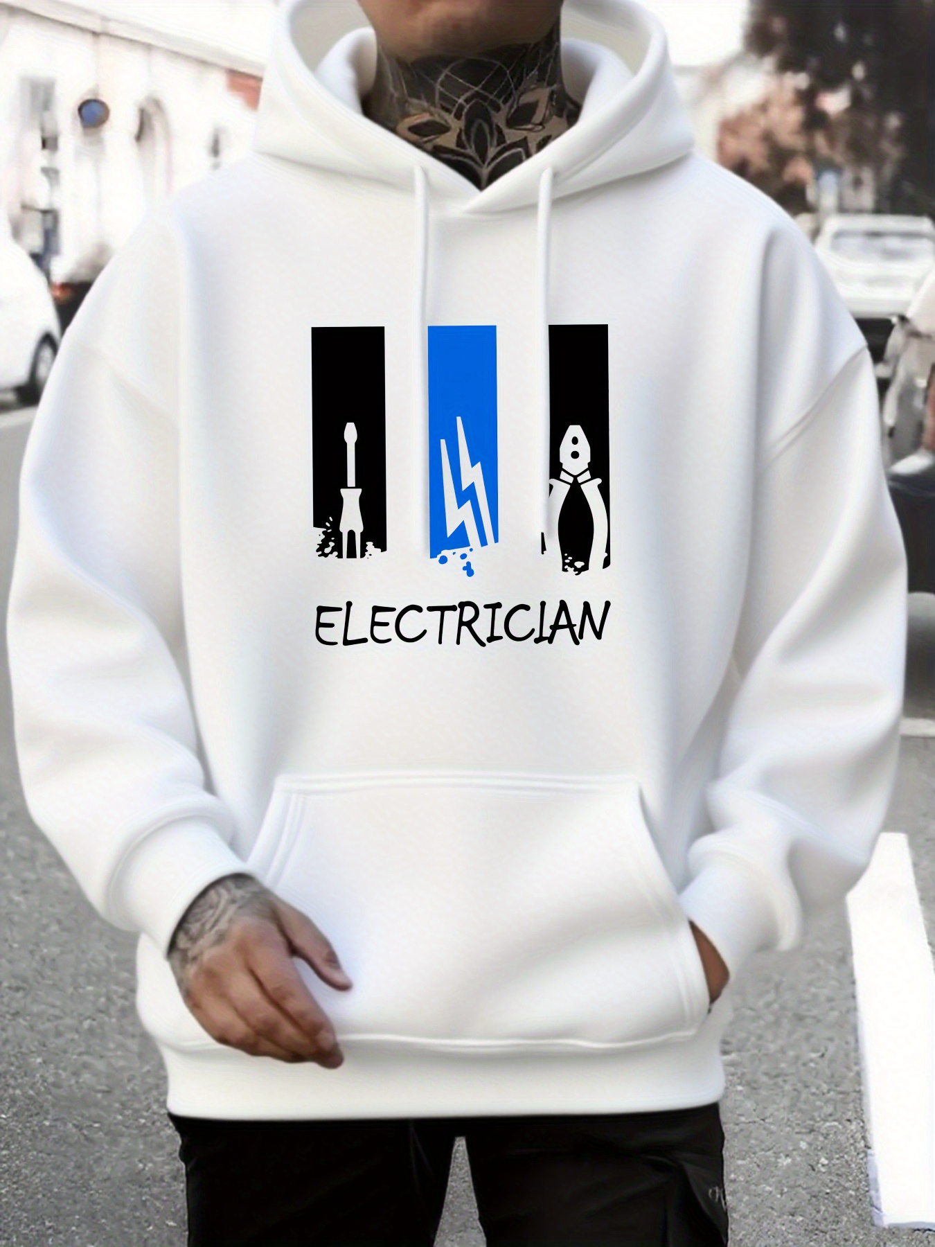 Tailorly Men's Printed Hoodie - Electrician Iconic Tools With Blue Lightning Bolt Symbol Electrician
