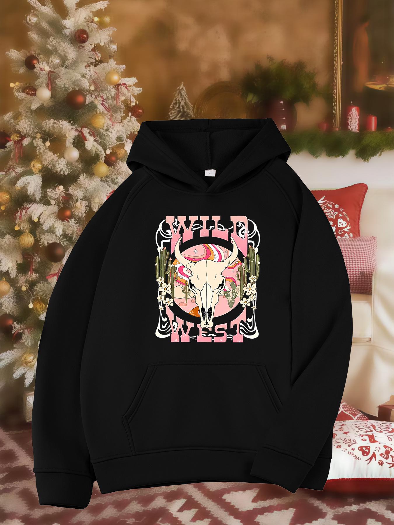 Tailorly Women's Printed Hoodie - Wild West Pink Desert Blossoms With Ornate Skull Surrounded By Cacti