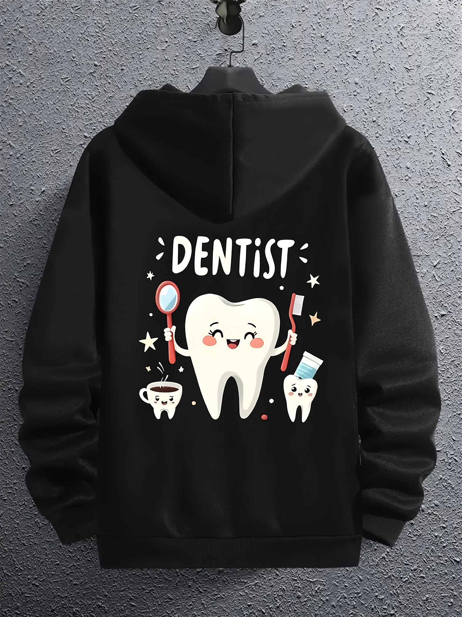 Tailorly Men's Printed Hoodie - Dentist Smiling Cartoon Tooth With Brush And Sparkling Surroundings Tooth