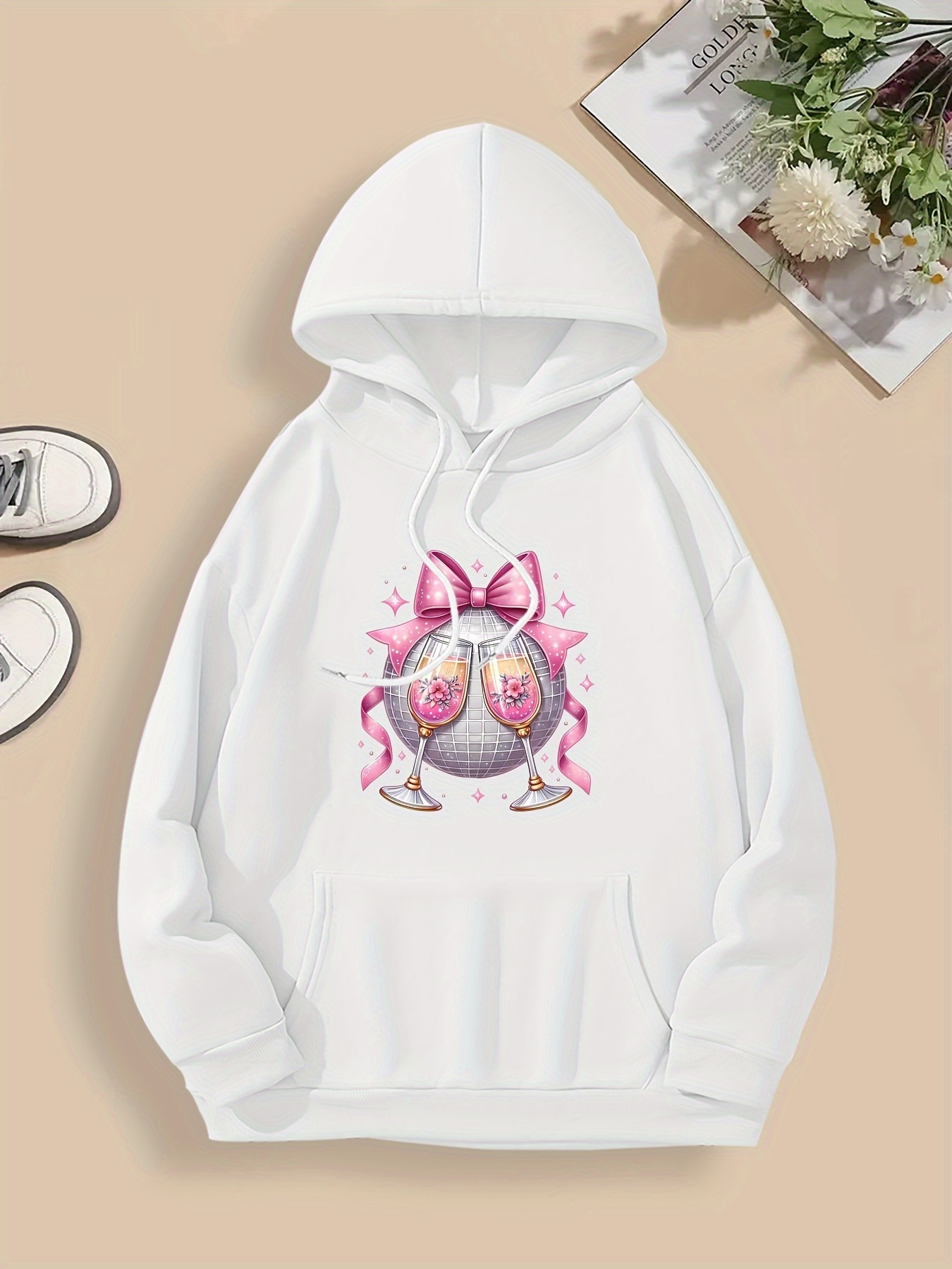 Tailorly Men's Printed Hoodie - Pink Ribbons With Sparkling Wine Glasses And Glitter Bow