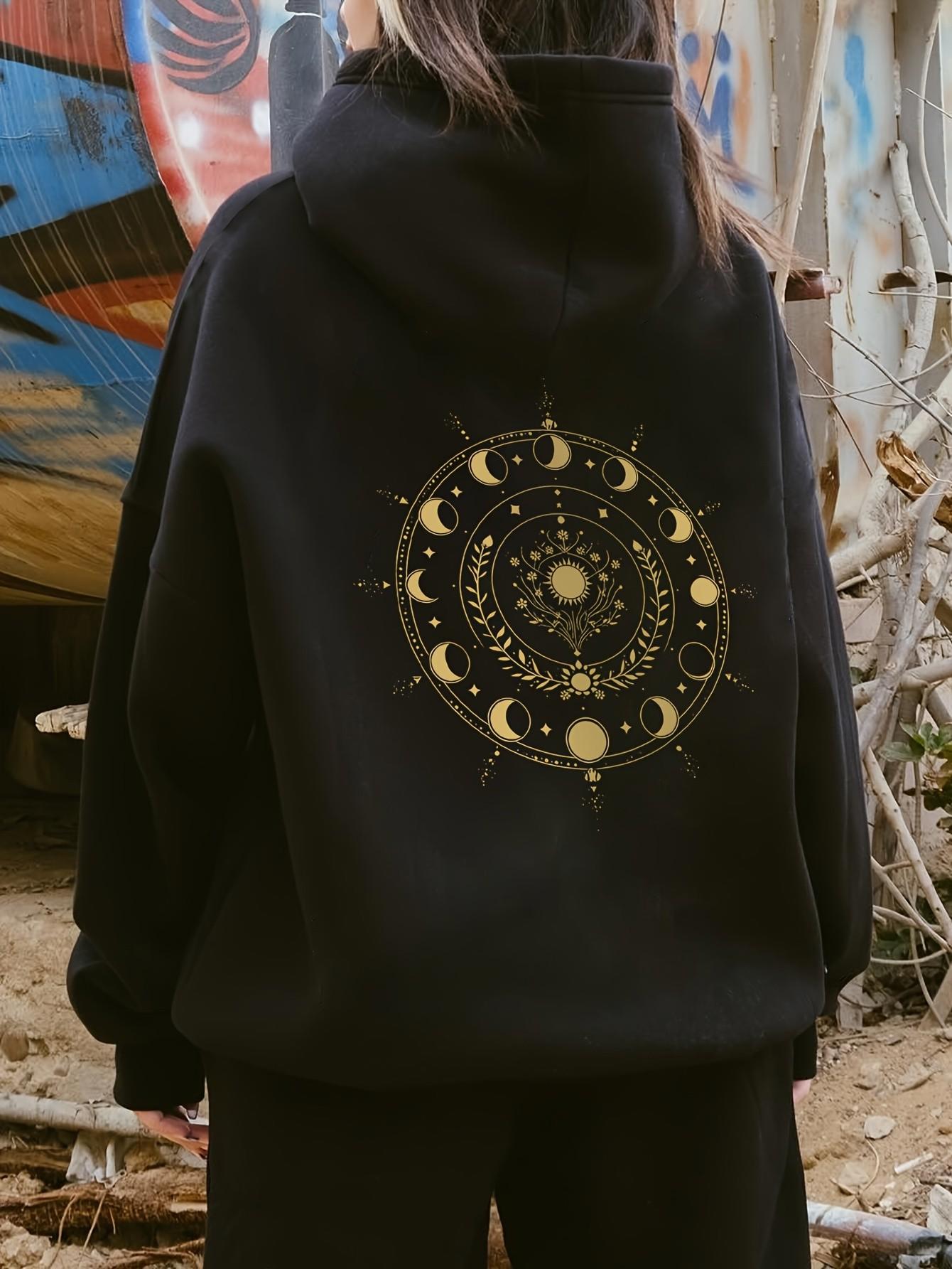 Tailorly Women's Printed Hoodie - Celestial Moon Phases Surrounded By Constellations Golden Night Hooded Sweatshirt