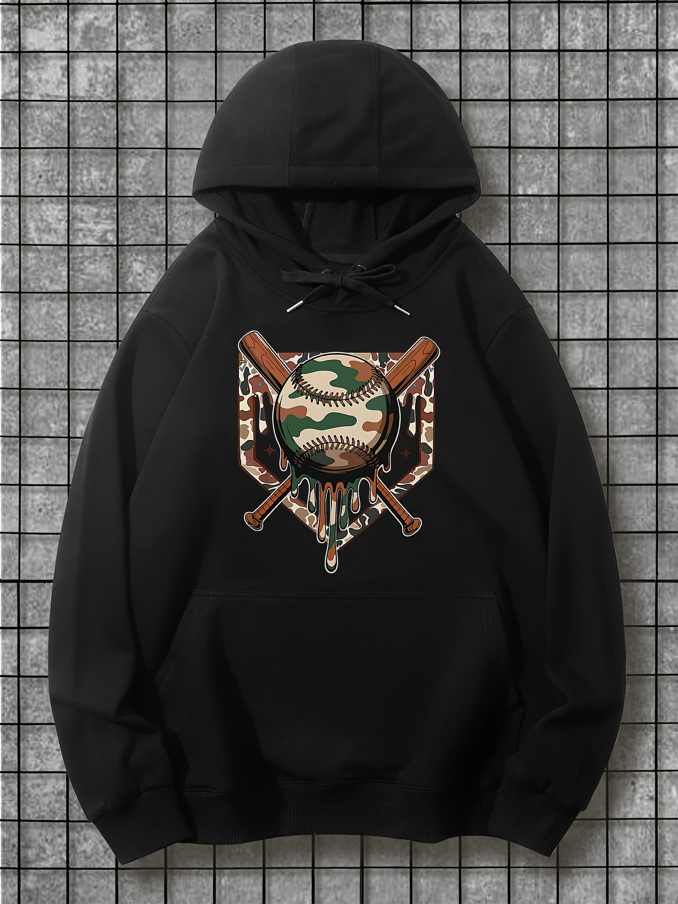 Tailorly Men's Printed Hoodie - Camo Patterned Baseball Mask With Wooden Bats Over Shadowed Skull