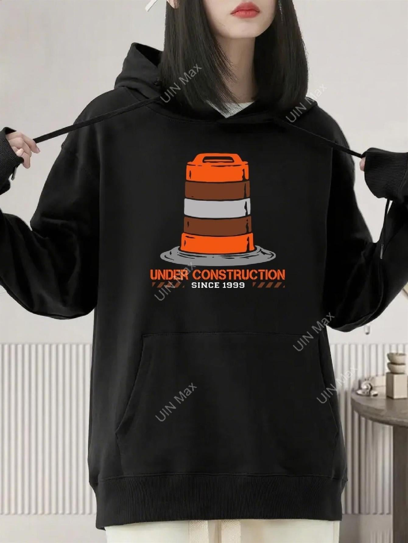 Tailorly Women's Printed Hoodie - Under Construction Orange Safety Barrier Cone Graphic Hoodie