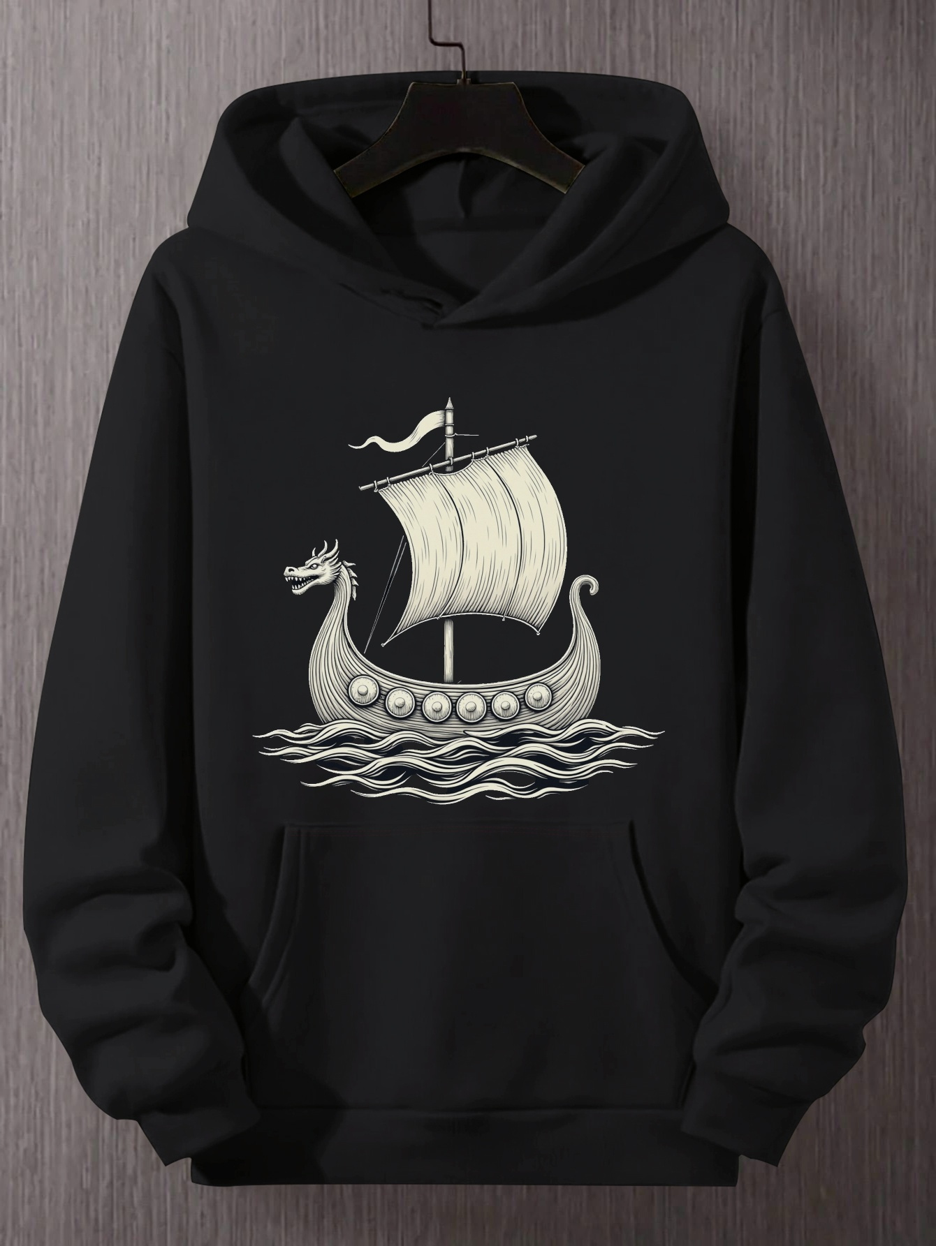 Tailorly Men's Printed Hoodie - Ancient Waves With Dragon Head Ship Sailing Across Water