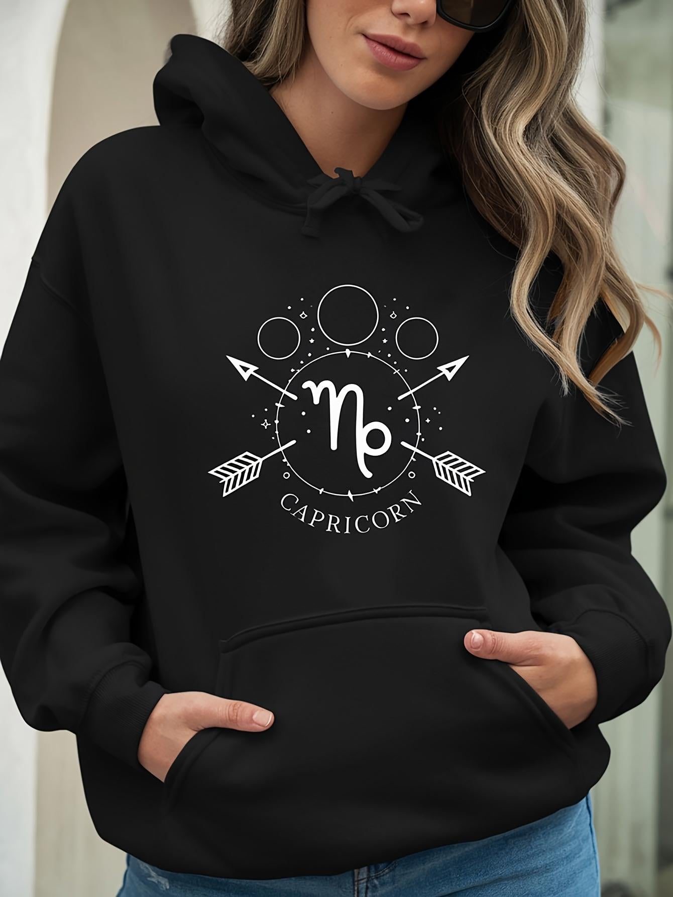 Tailorly Women's Printed Hoodie - Celestial Arrows Orbiting Phases Of The Moon Capricorn Symbol